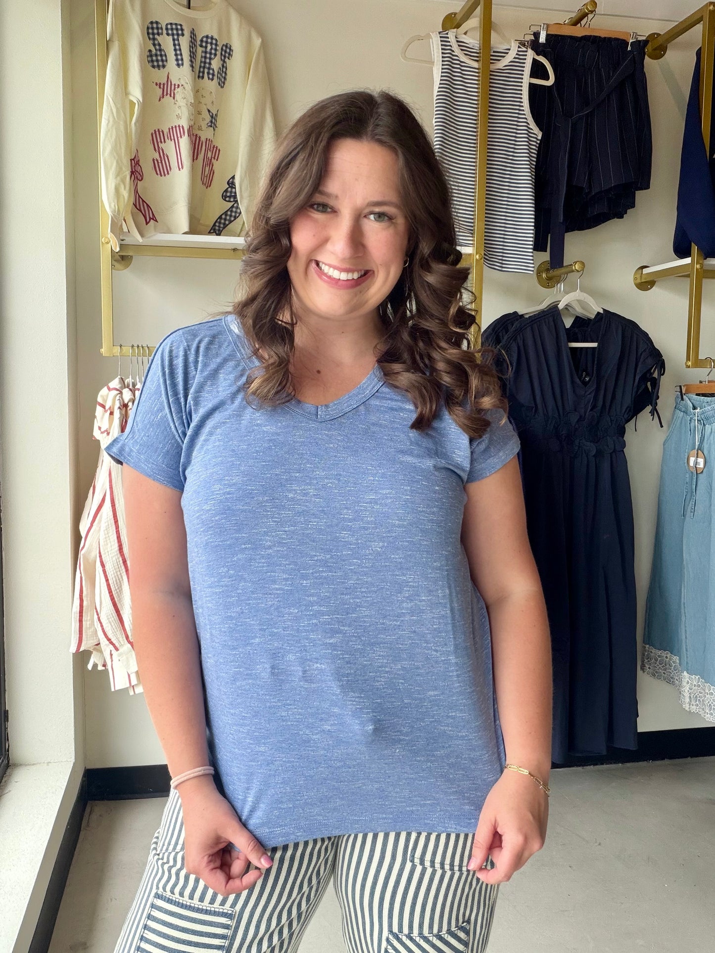 Denim Textured V Neck Tee