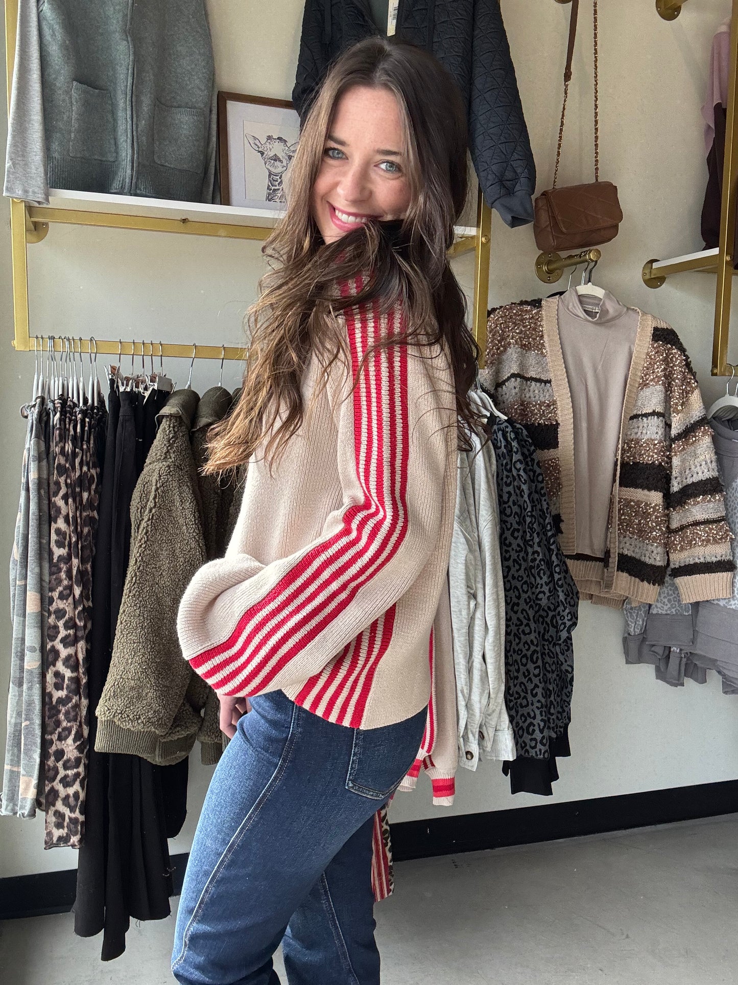 Red Accent Mock Neck Sweater