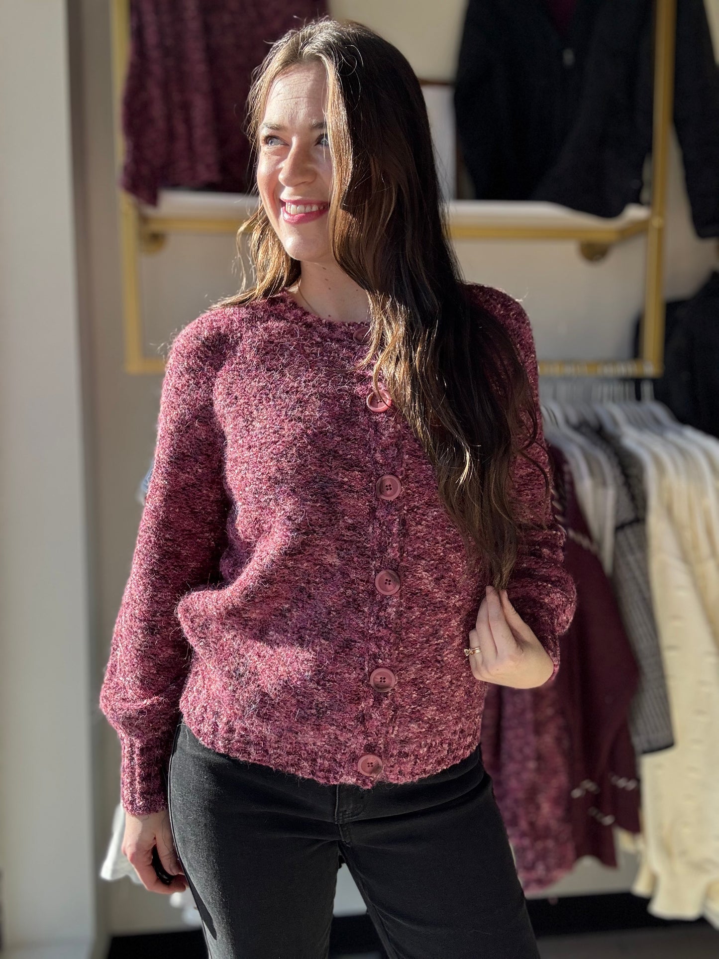 Roseberry Raglan Sleeve Button Sweater