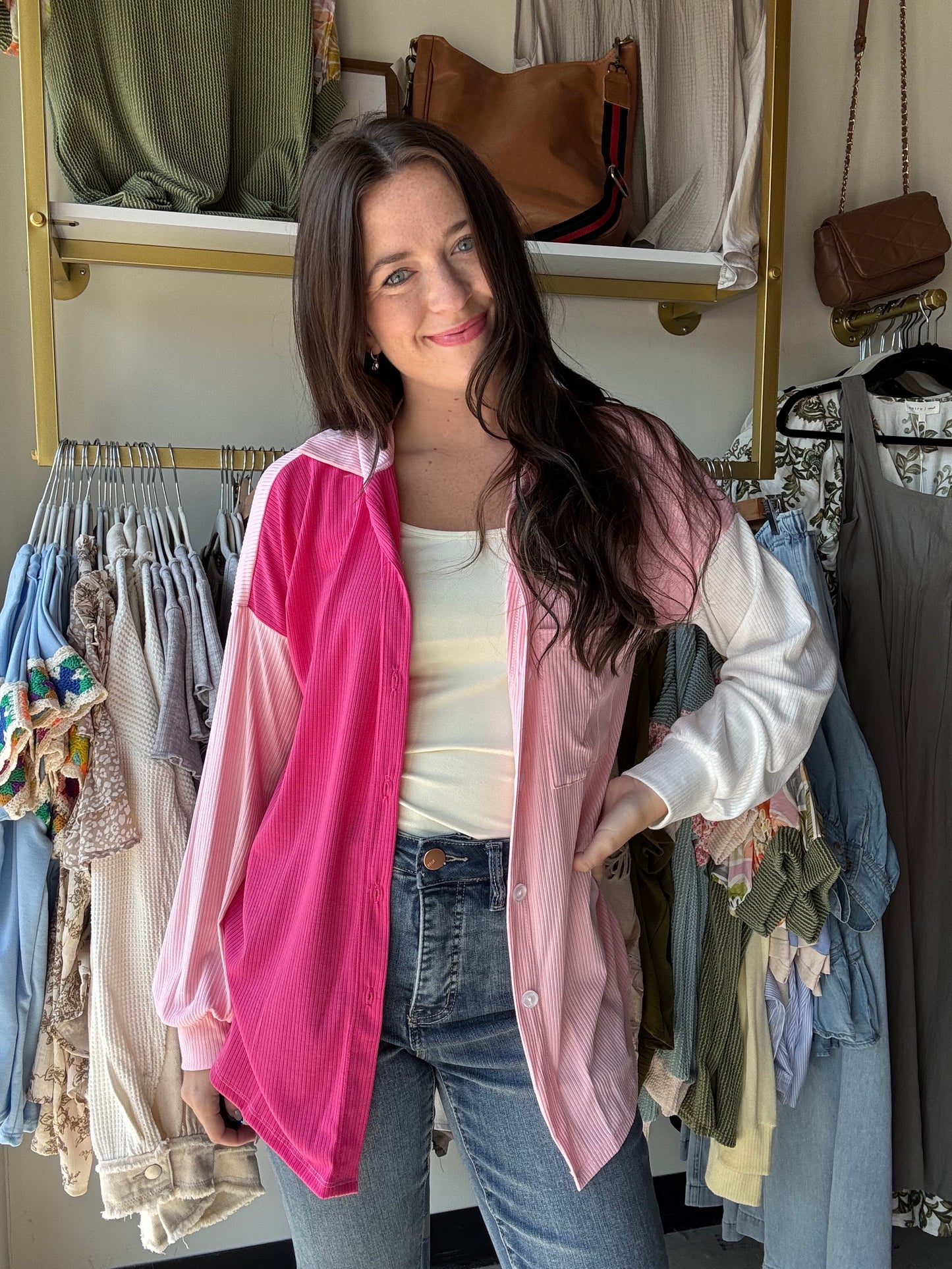 Pink & White Color Block Shacket