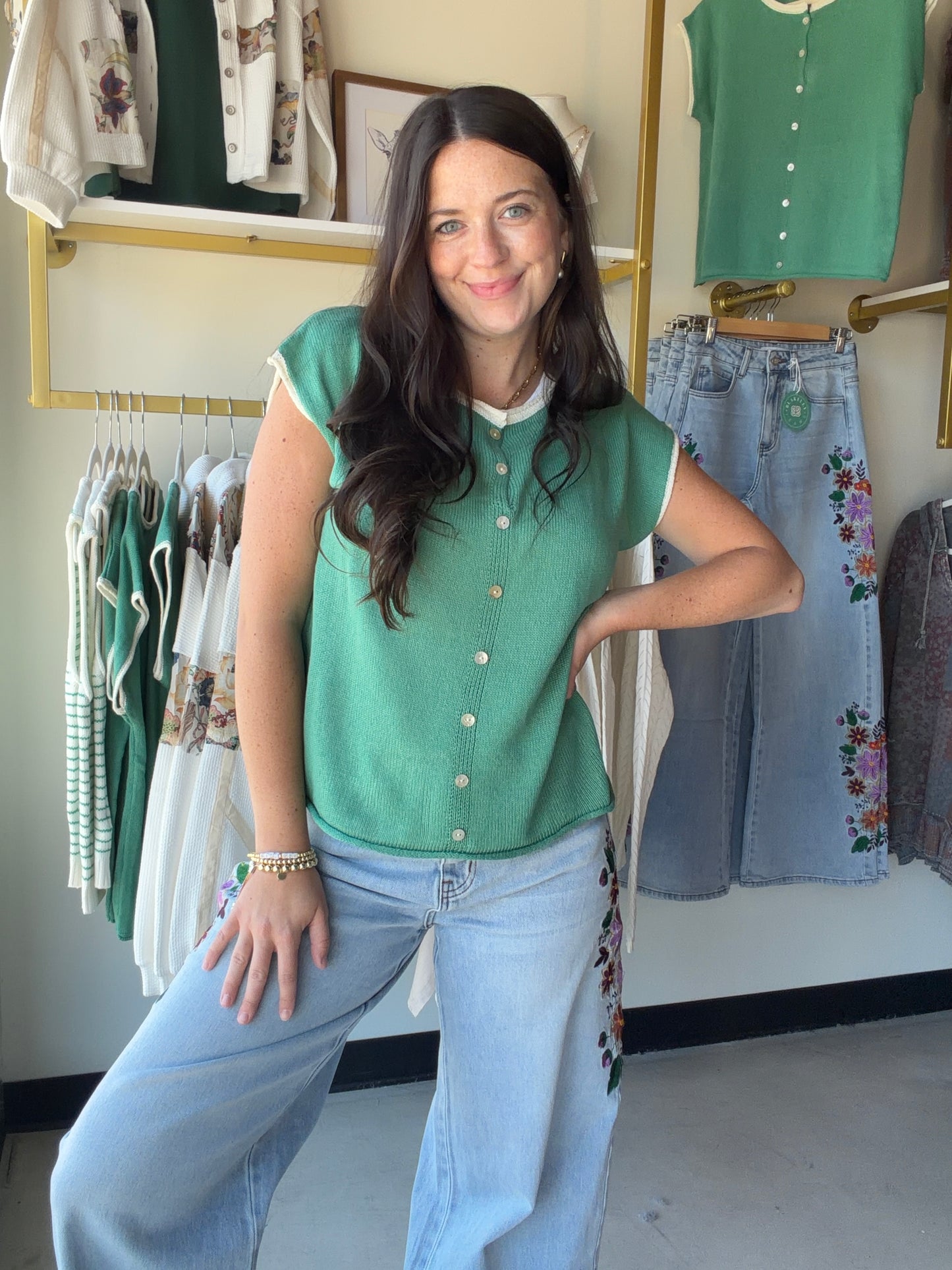 Green Button Short Sleeve Sweater