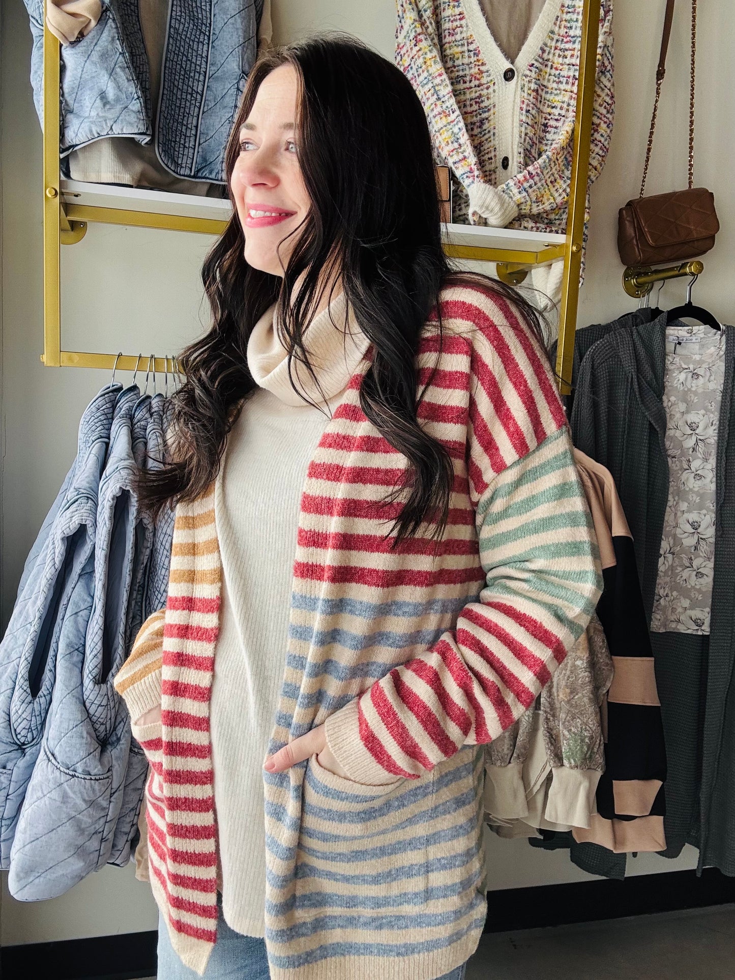 Camel Berry Color Block Cardigan