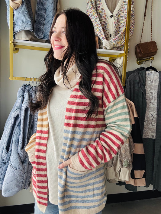 Camel Berry Color Block Cardigan