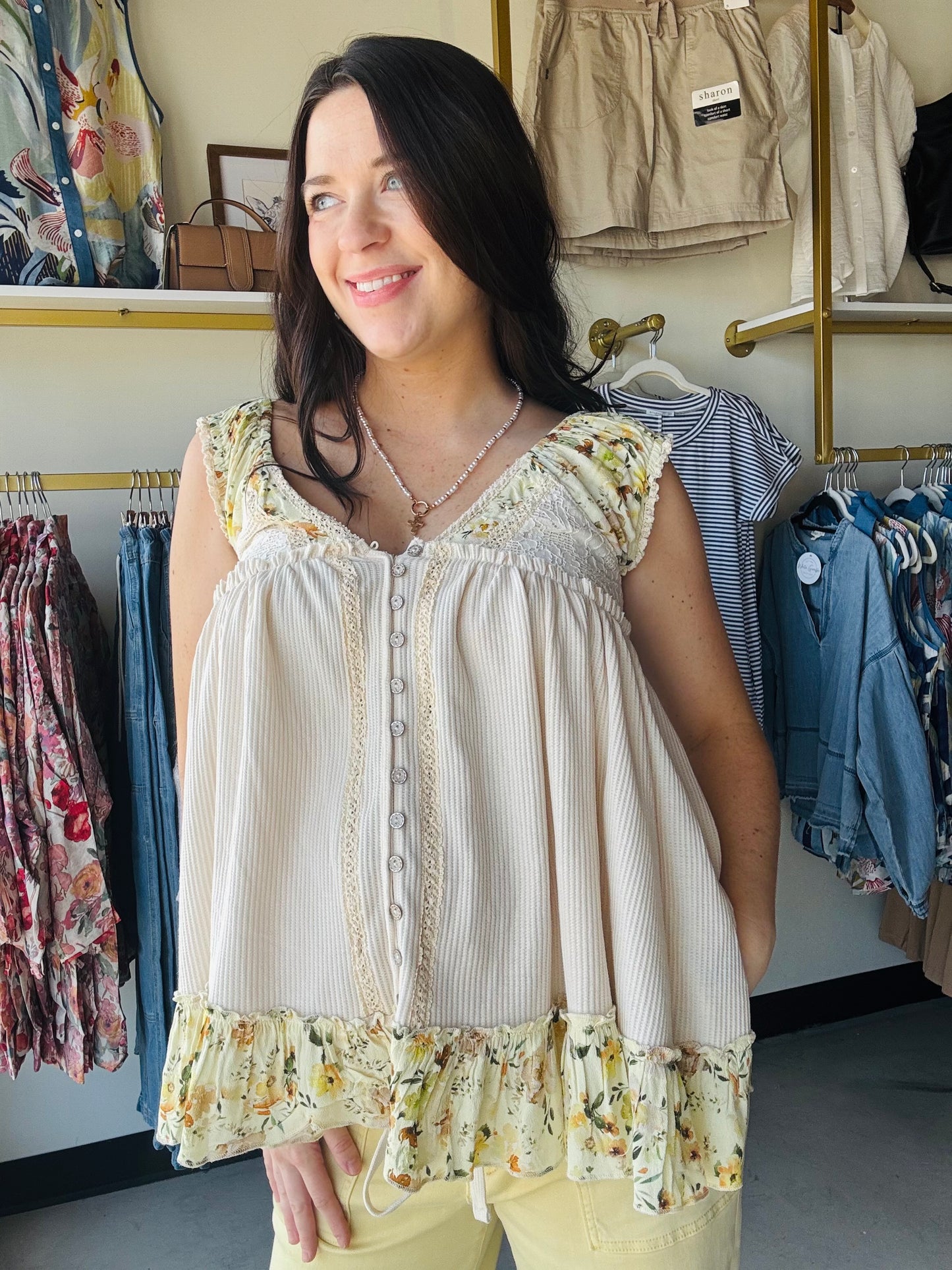 Yellow Accent Trim V Neck Tank