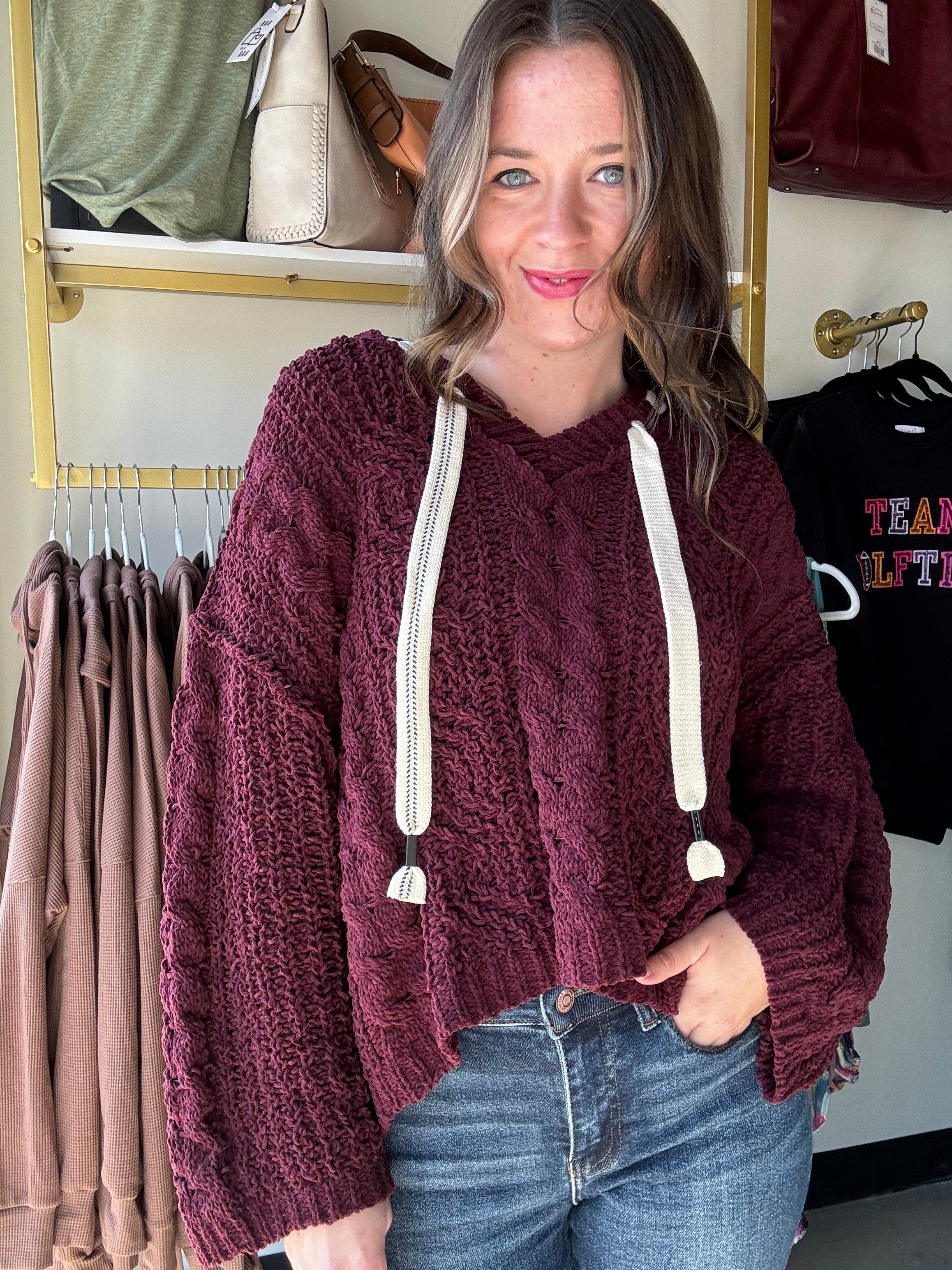 Burgundy Ribbon Chenille Sweater White Giraffe Boutique