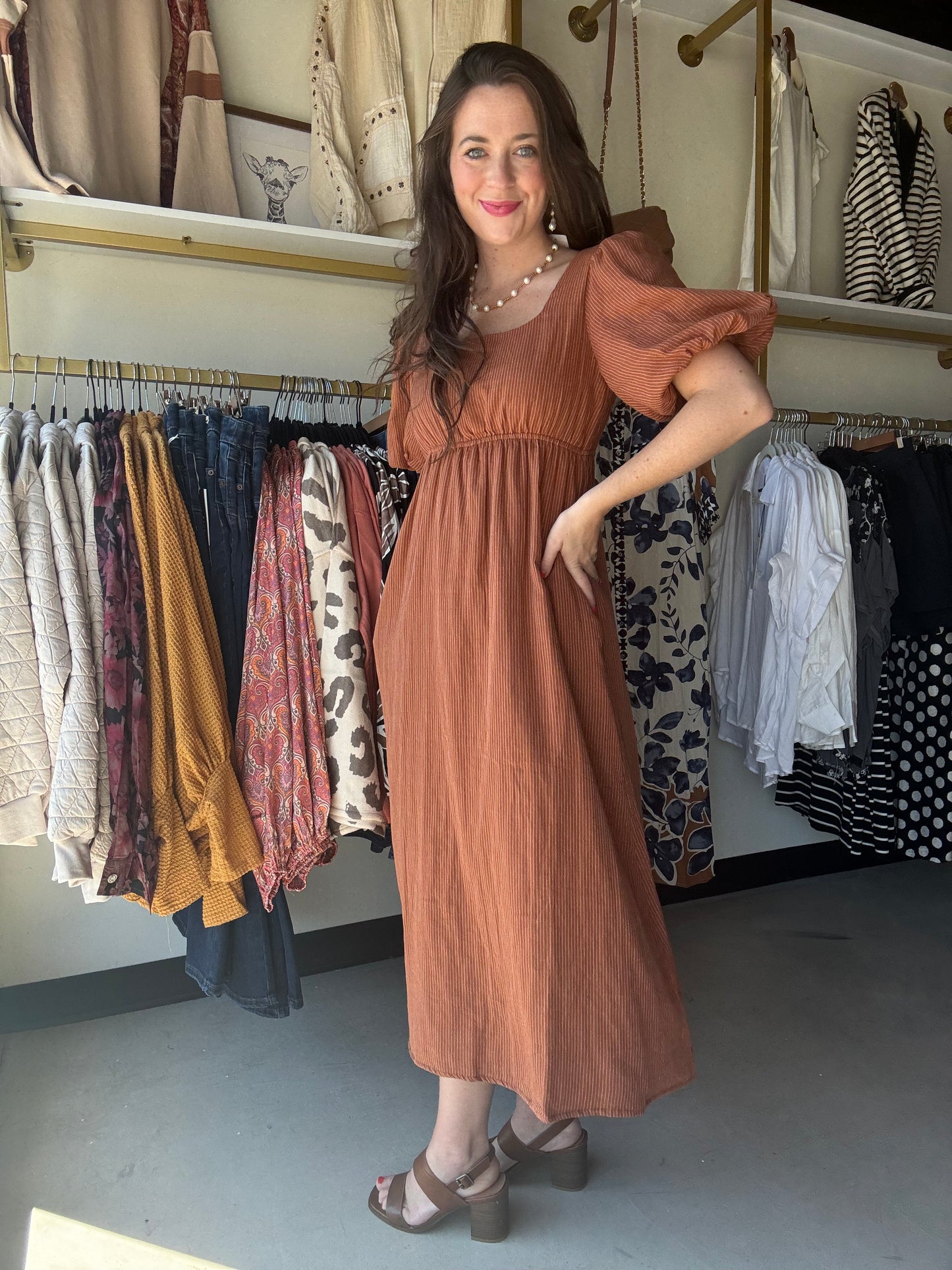 Rust Pin Stripe Midi Dress