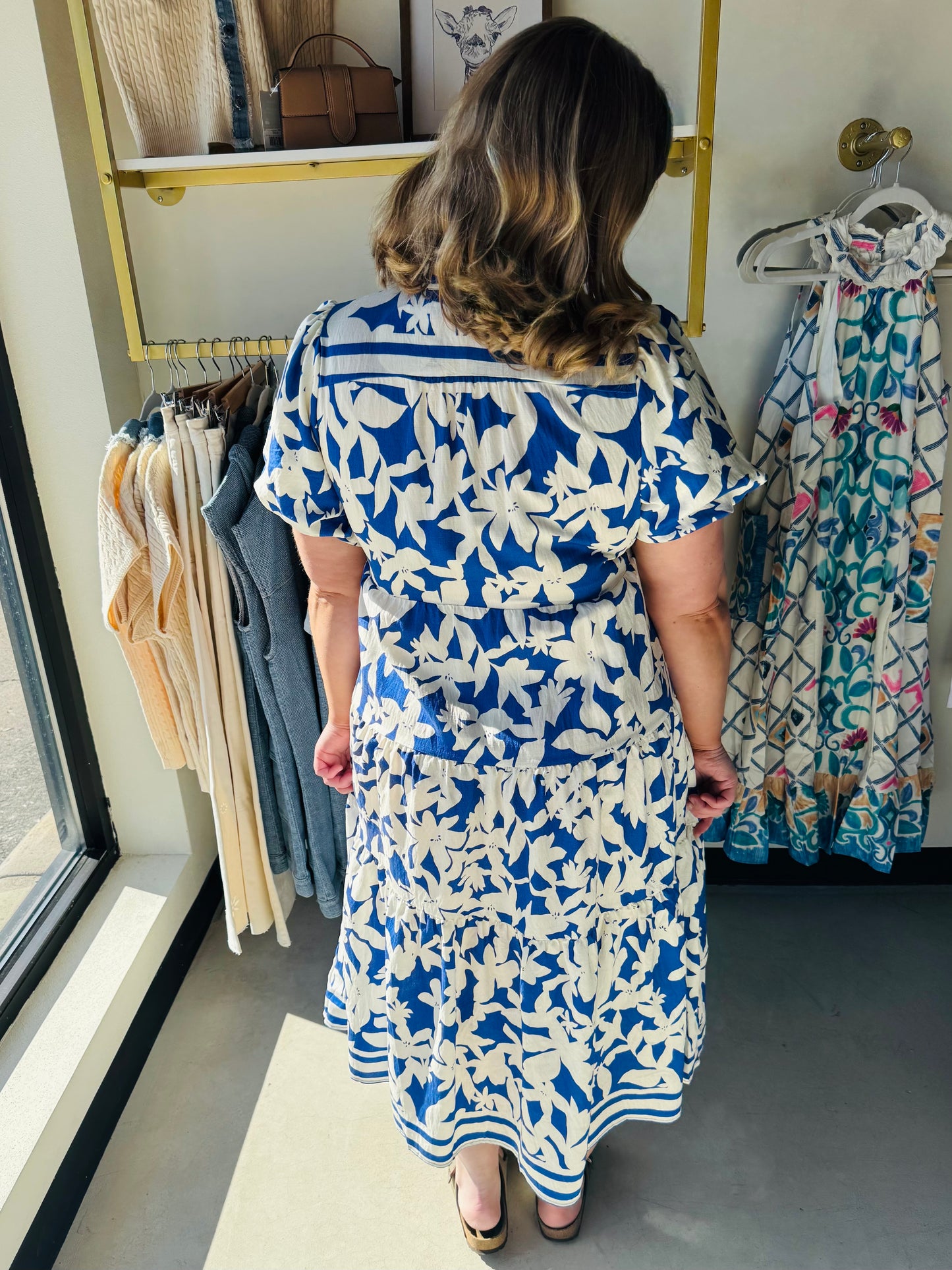 Blue Botanical Print Dress - Plus