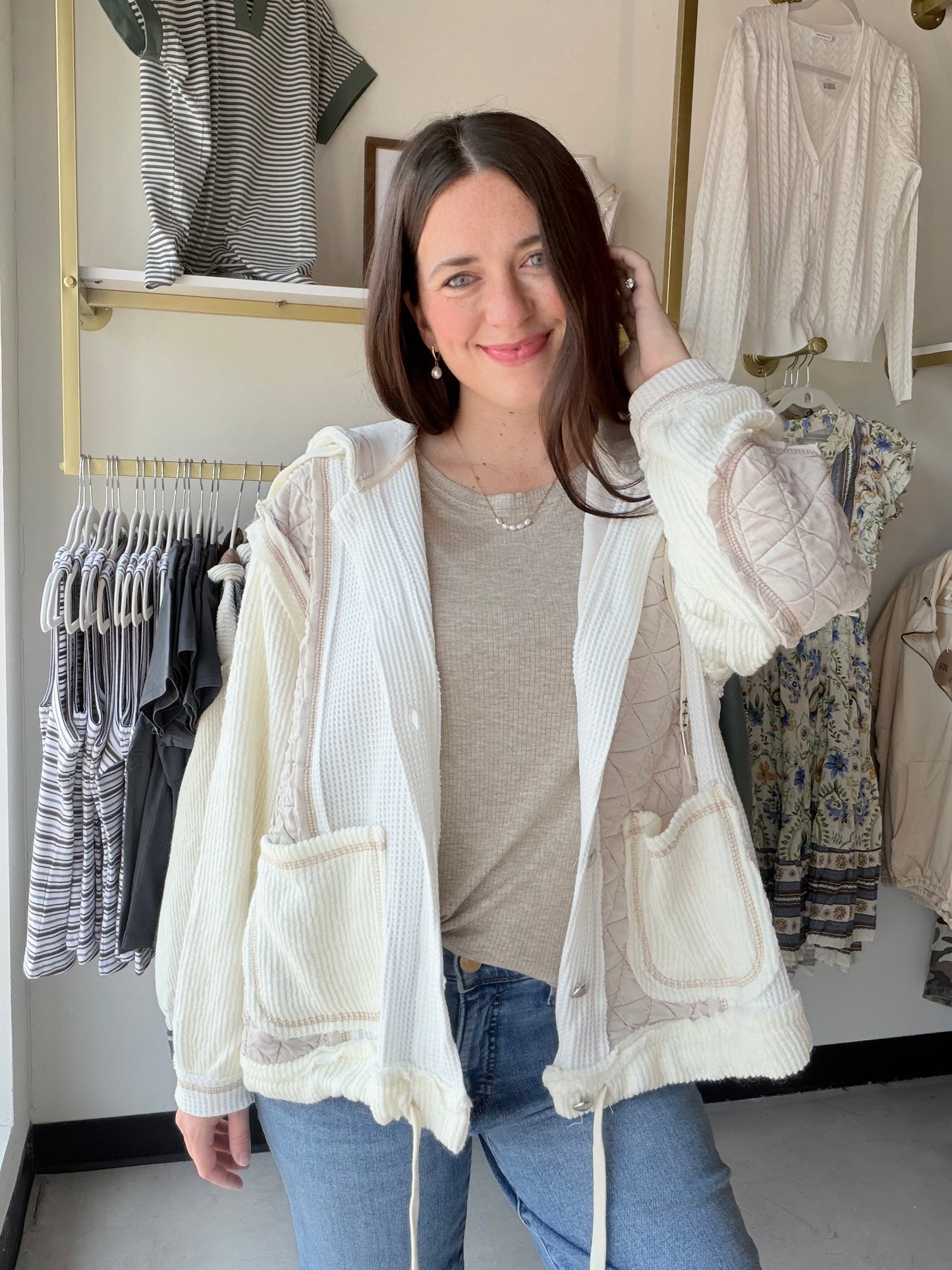 Cream Quilted Thermal Button Up