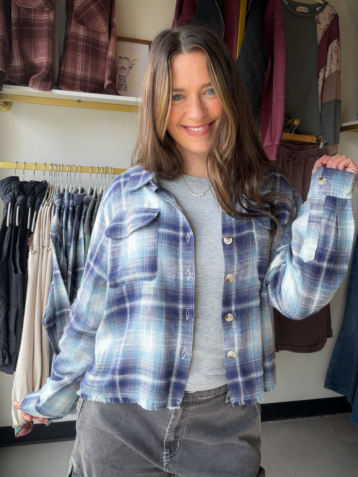 Blue Plaid Fringe Button Up
