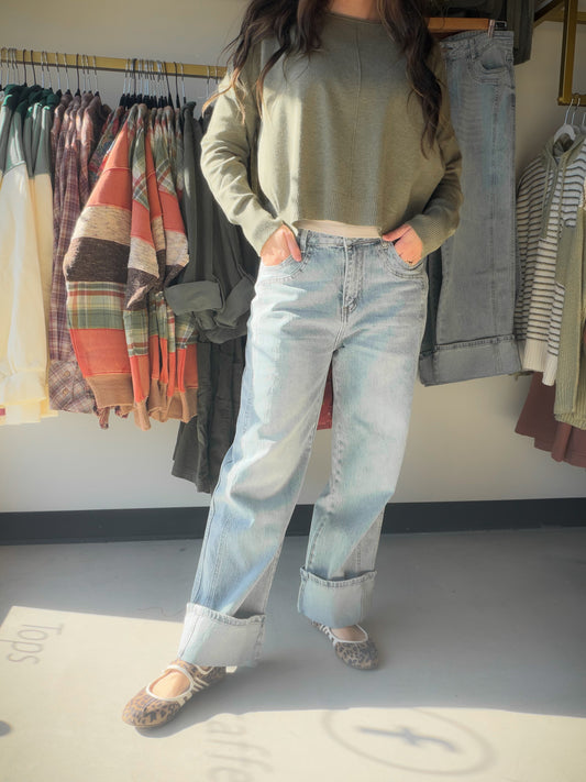 Wide Leg Washed Cuff Denim