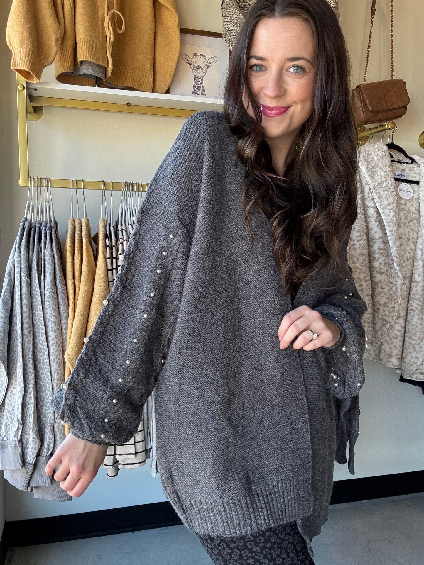 Charcoal Pearl Sleeve Cardigan