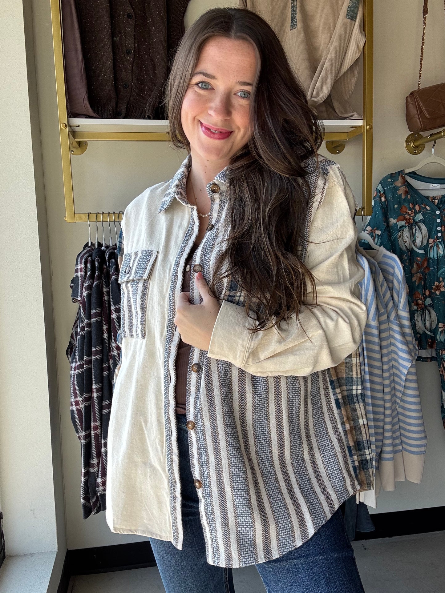 Cream Blue Plaid Button Up