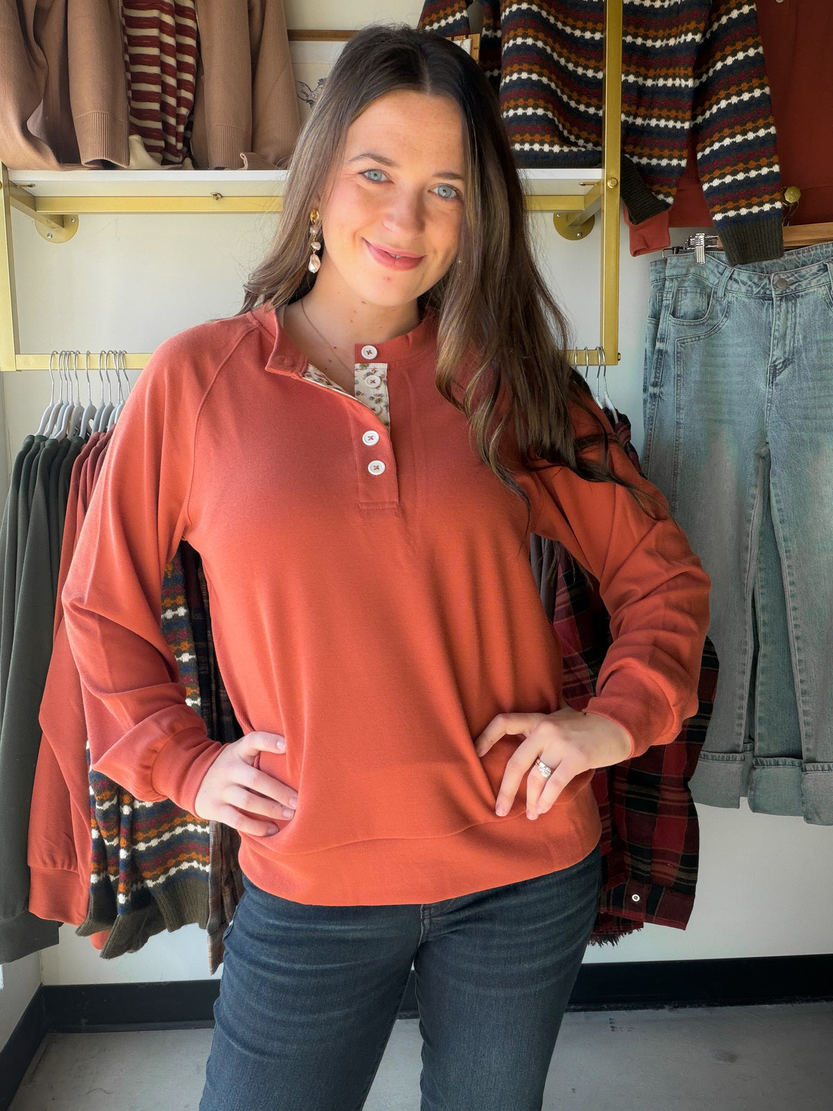 Terracotta Floral Neckline Henley