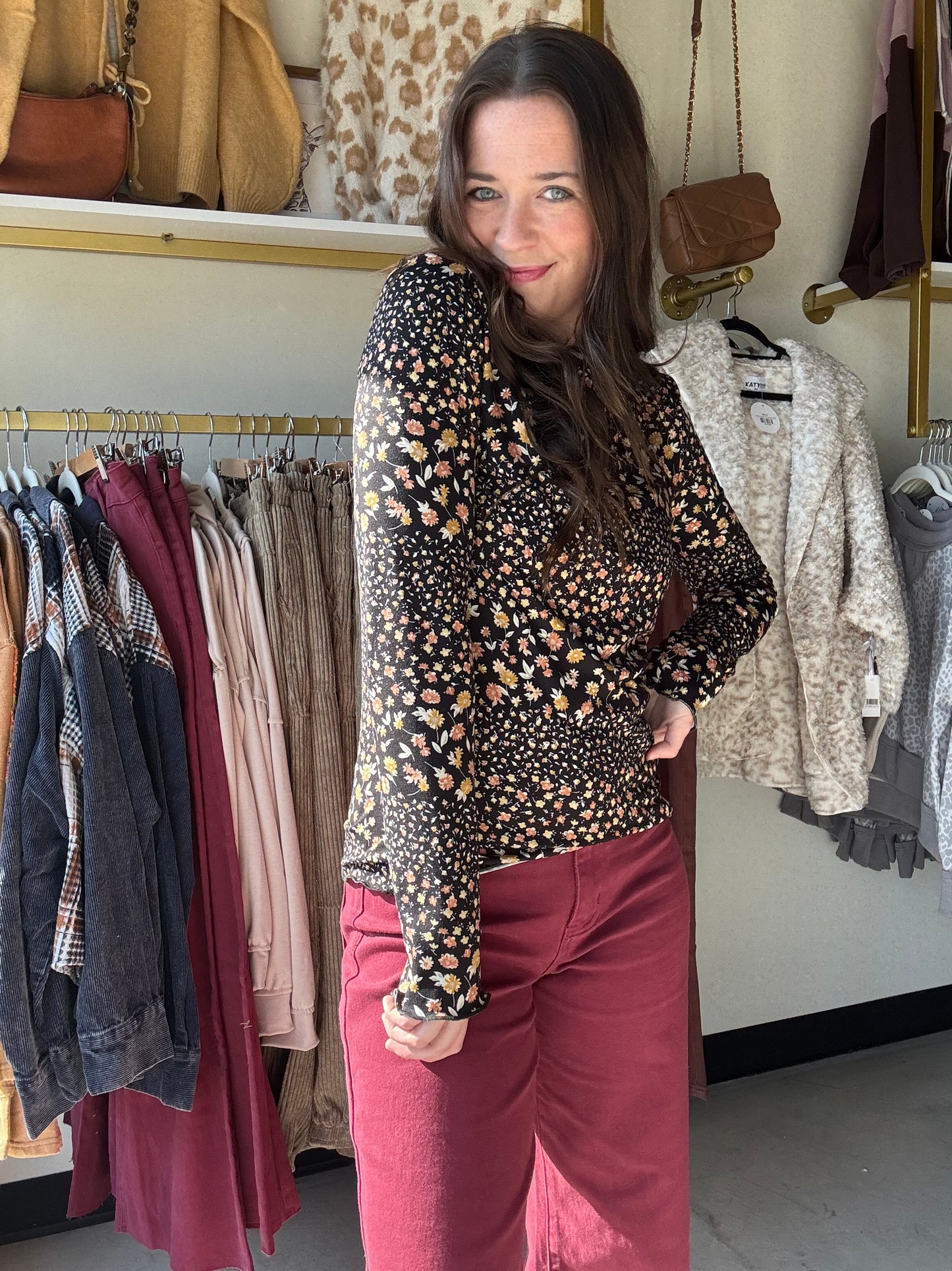 Black Mock Neck Floral Top