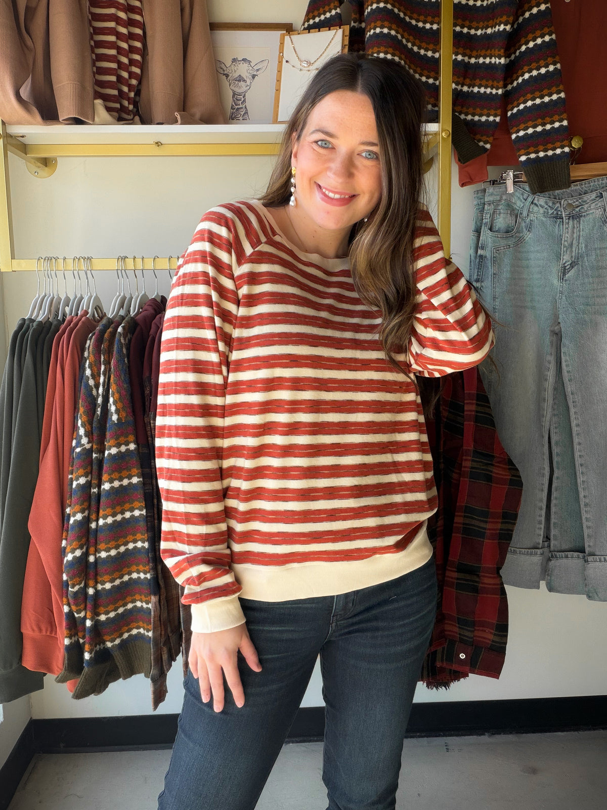 Rust Stripe Wide Neck Brushed Top
