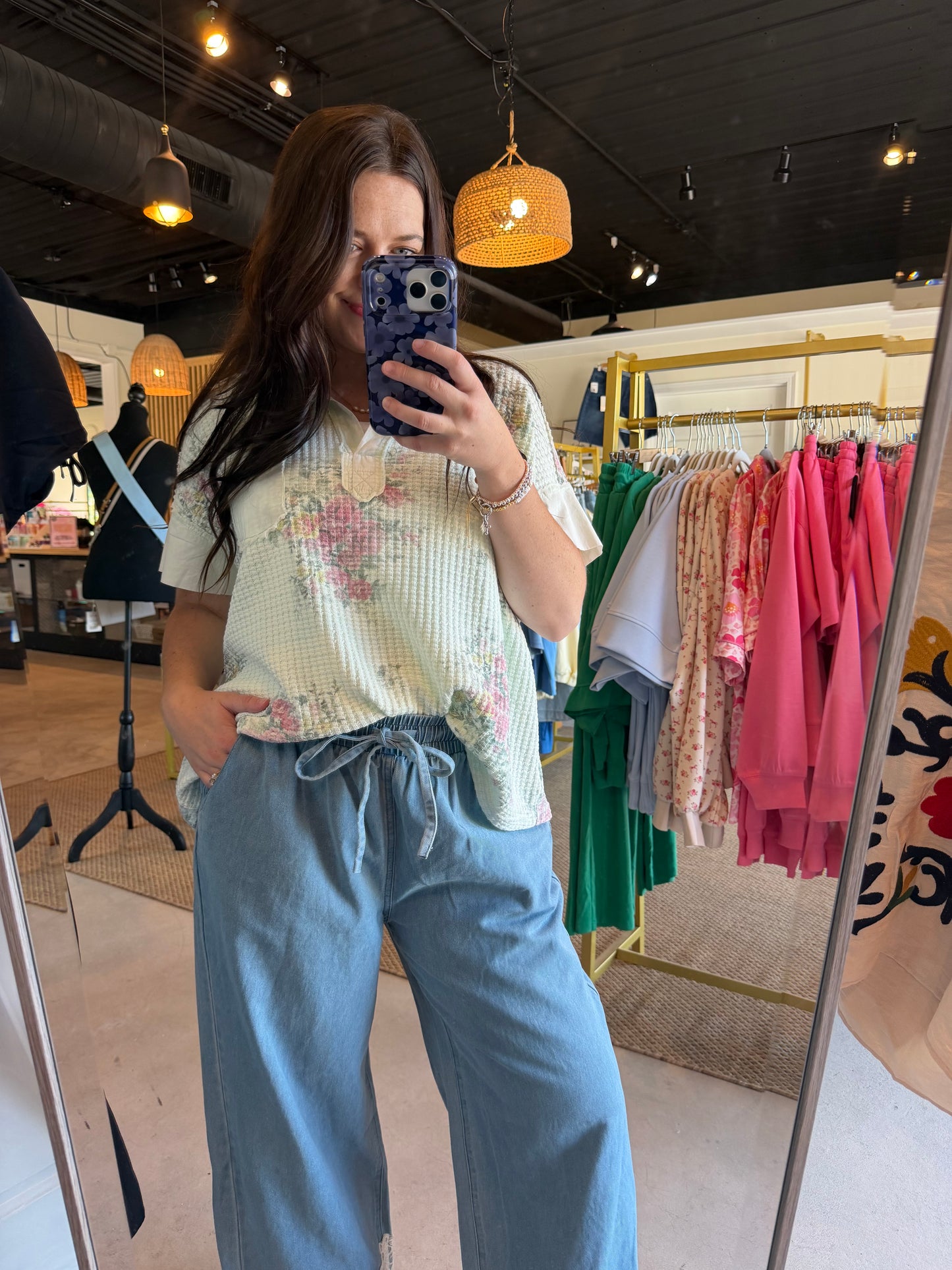 Mint Collared Floral Waffle Top