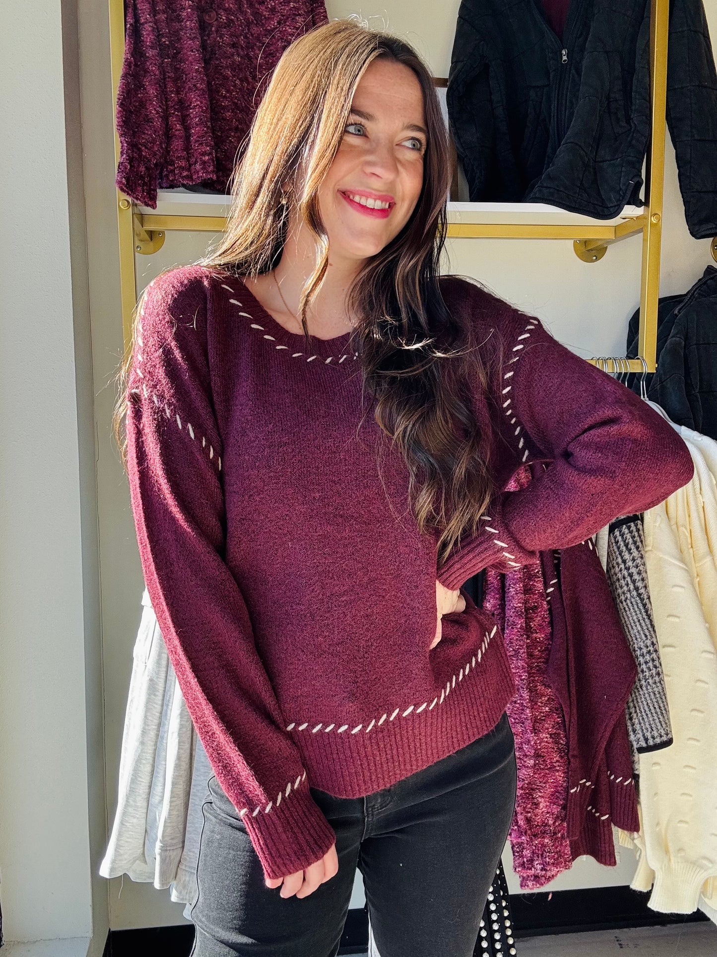 Wine Saddle Stitch Sweater