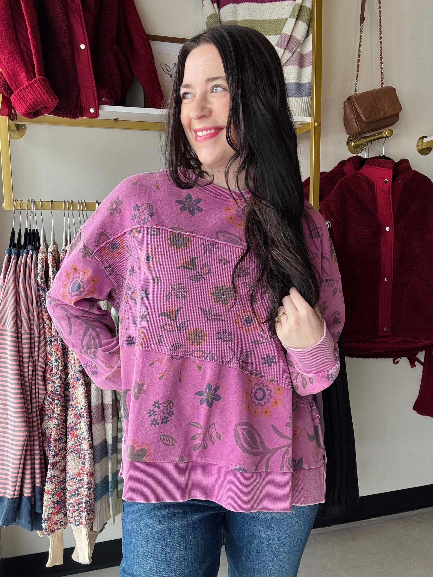 Magenta Floral Terry Pullover