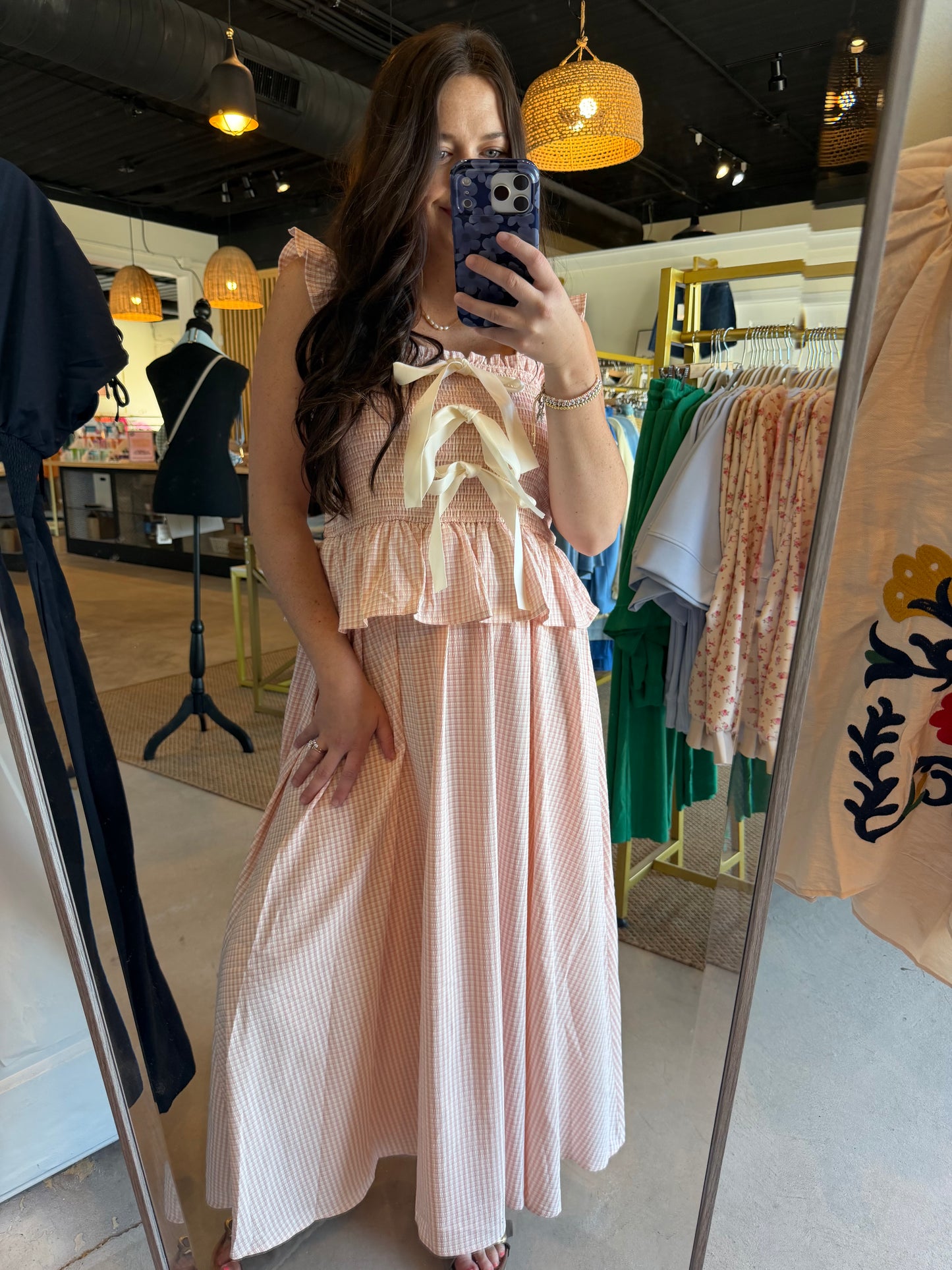 Blush Gingham Smocked Midi Dress