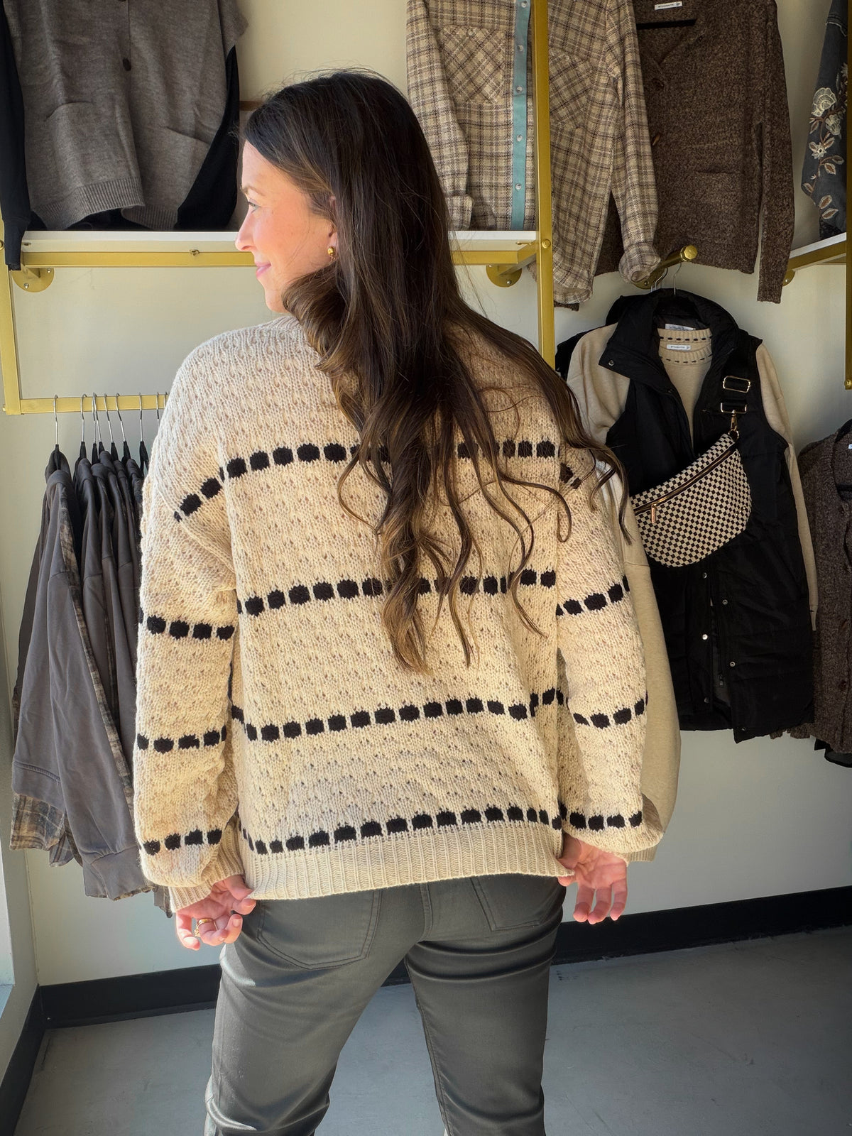 Spot Stripe Balloon Sleeve Sweater