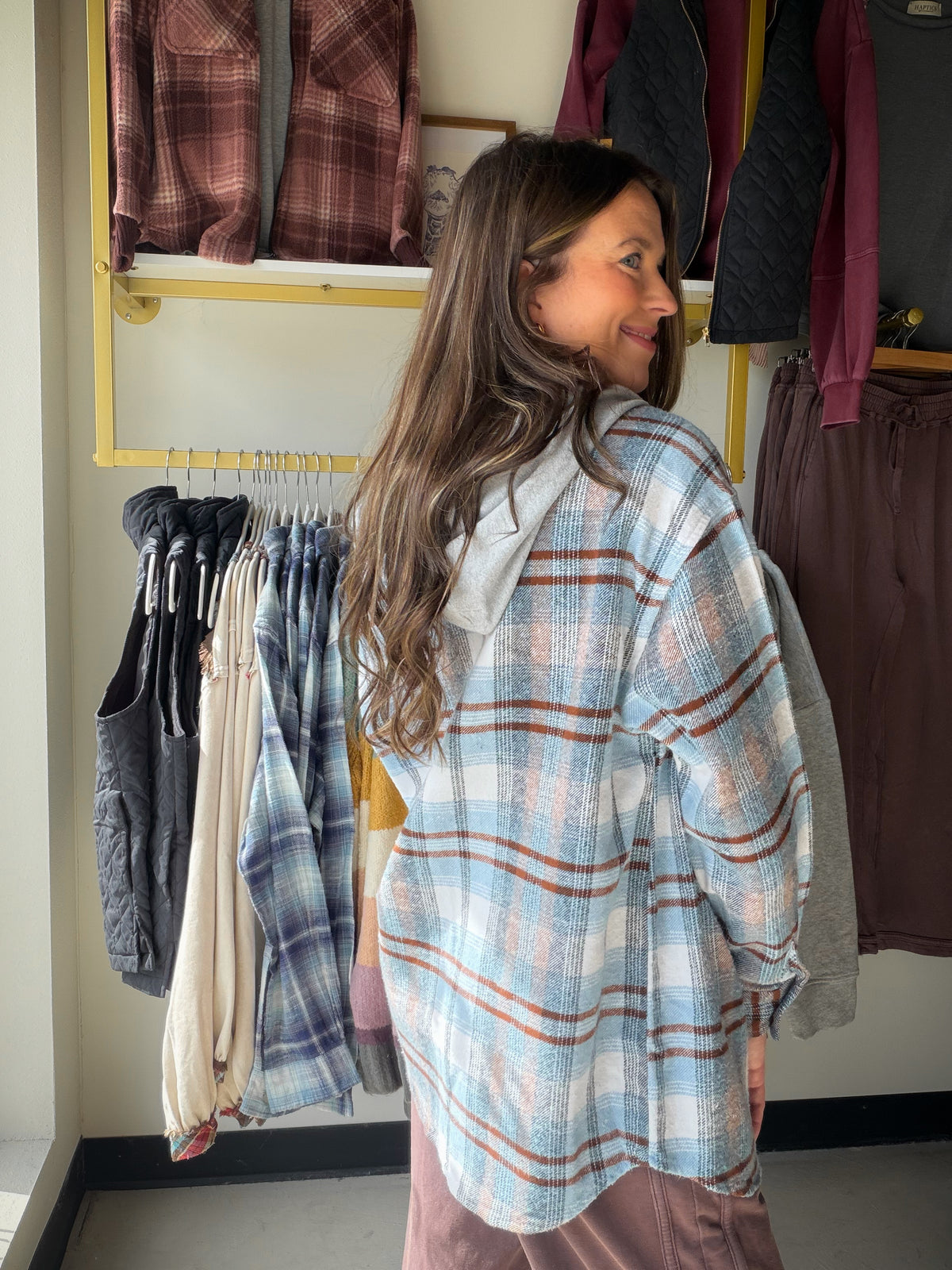 Sky Blue & Brown Plaid Hooded Shacket
