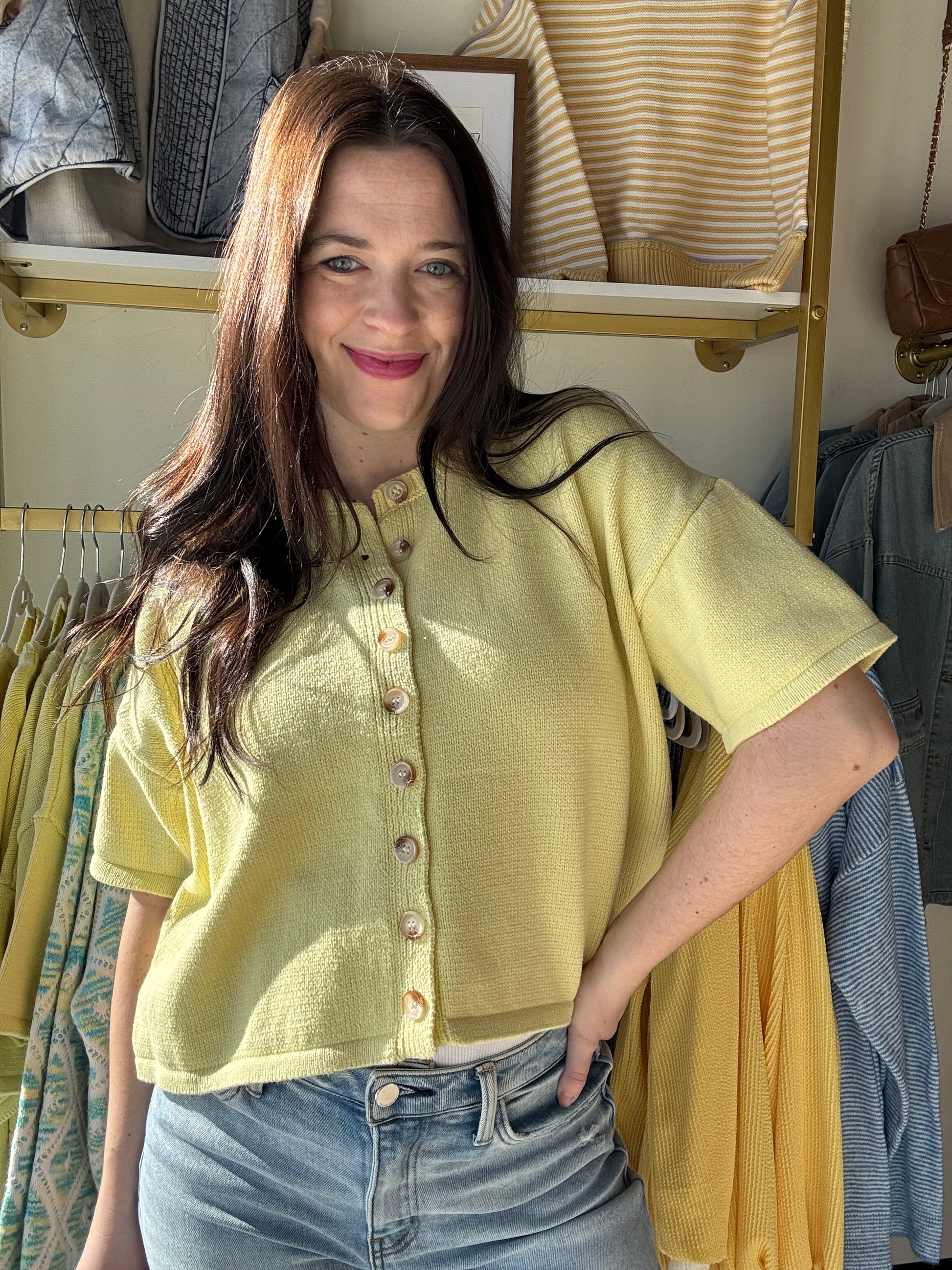 Yellow short sleeve, cropped sweater button up cardigan