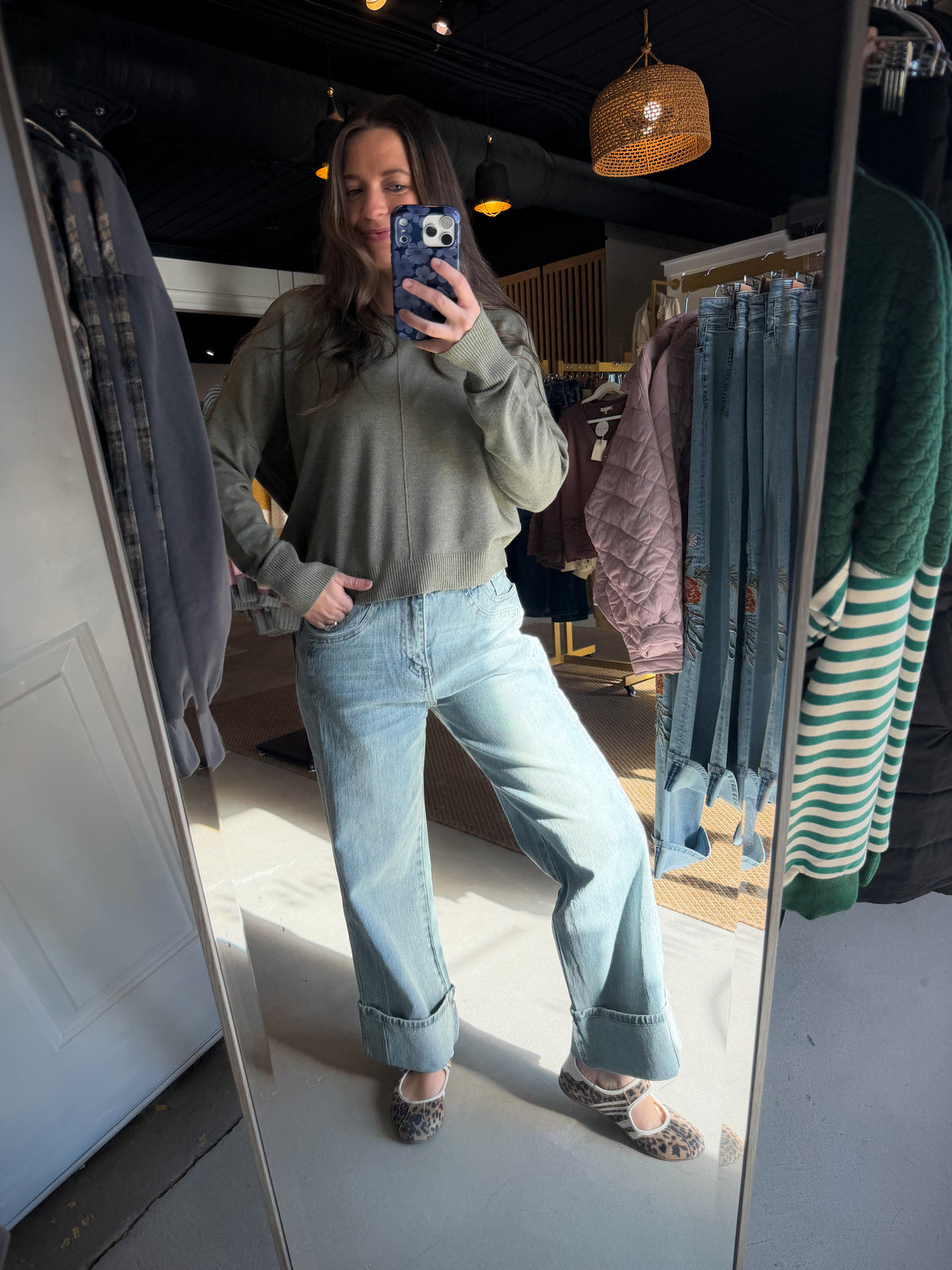Wide Leg Washed Cuff Denim