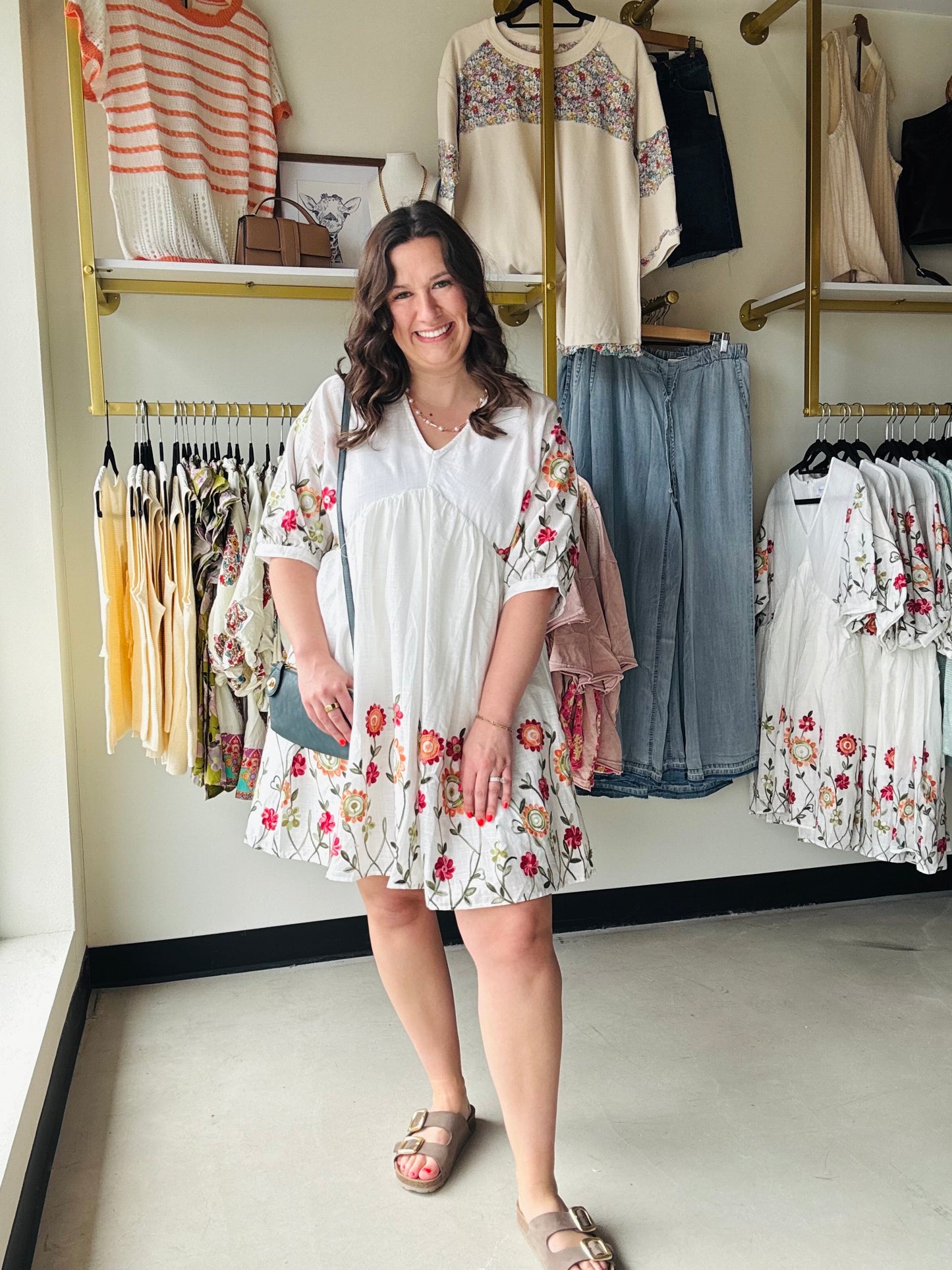 Ivory Floral Embroidered Babydoll Dress