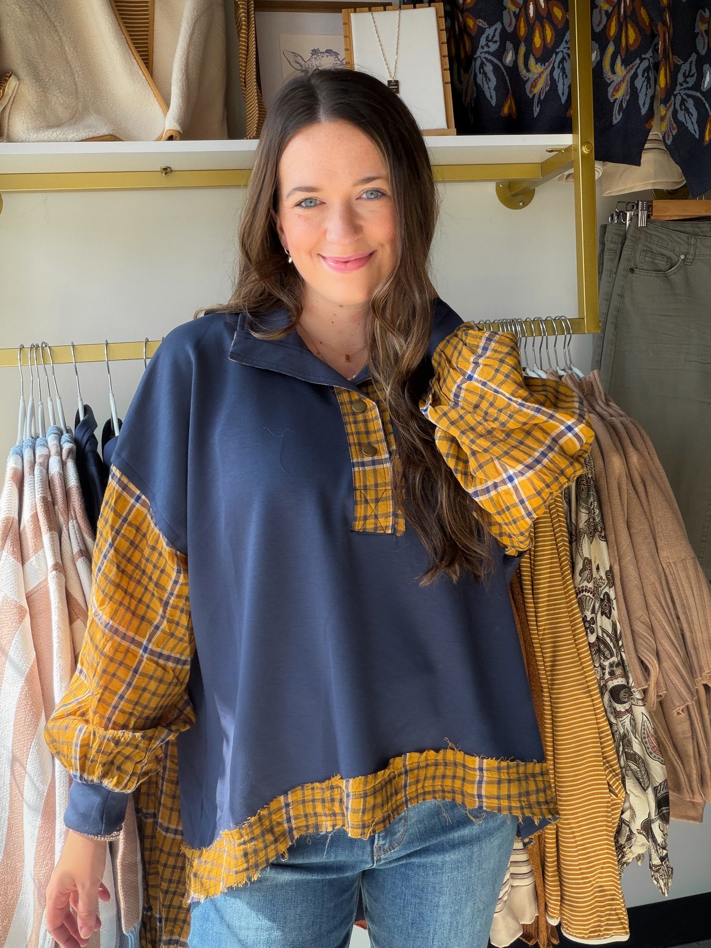 Navy Plaid Luxeknit Long Sleeve Pullover