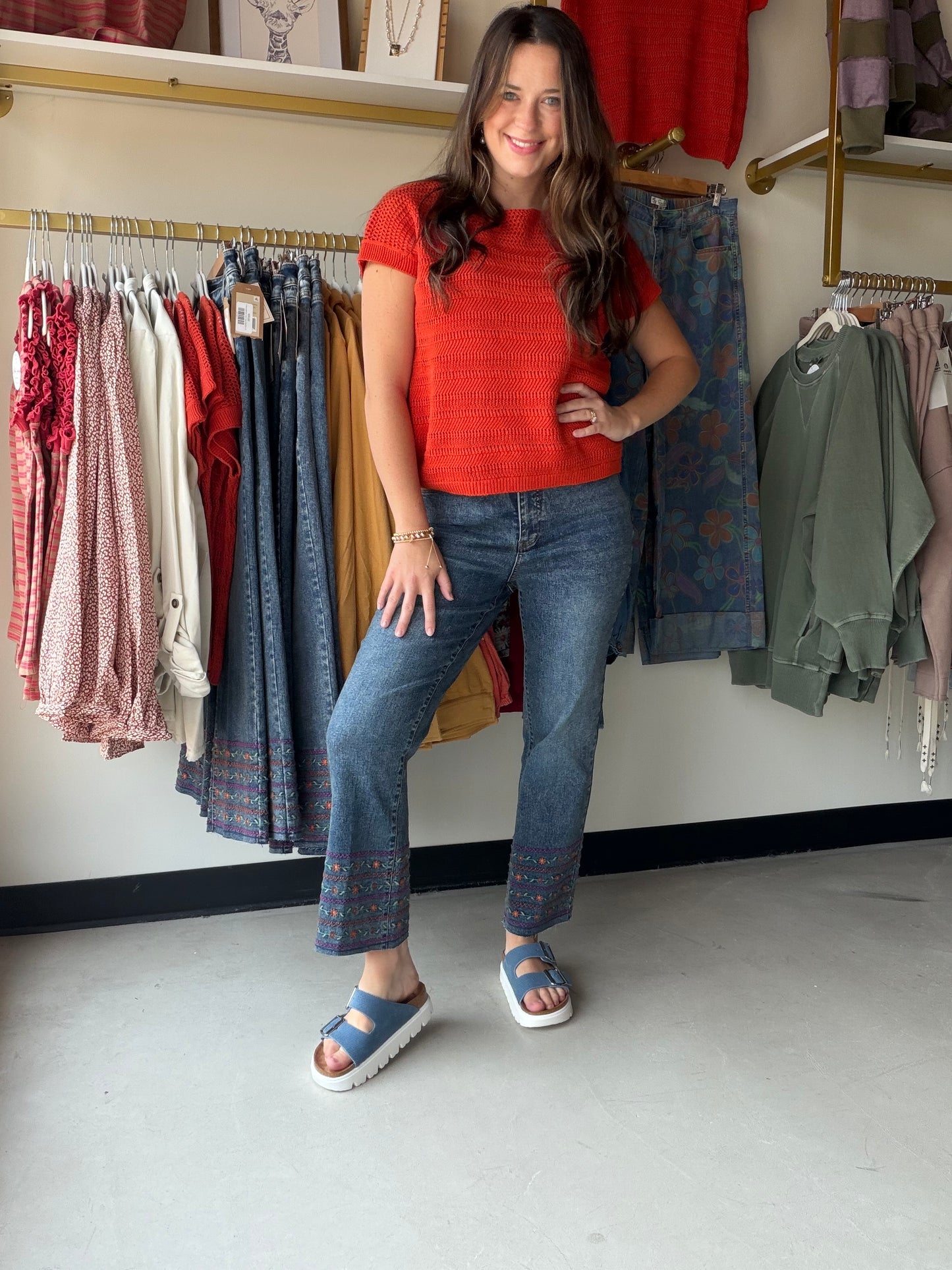Embroidered Hem Kick Denim