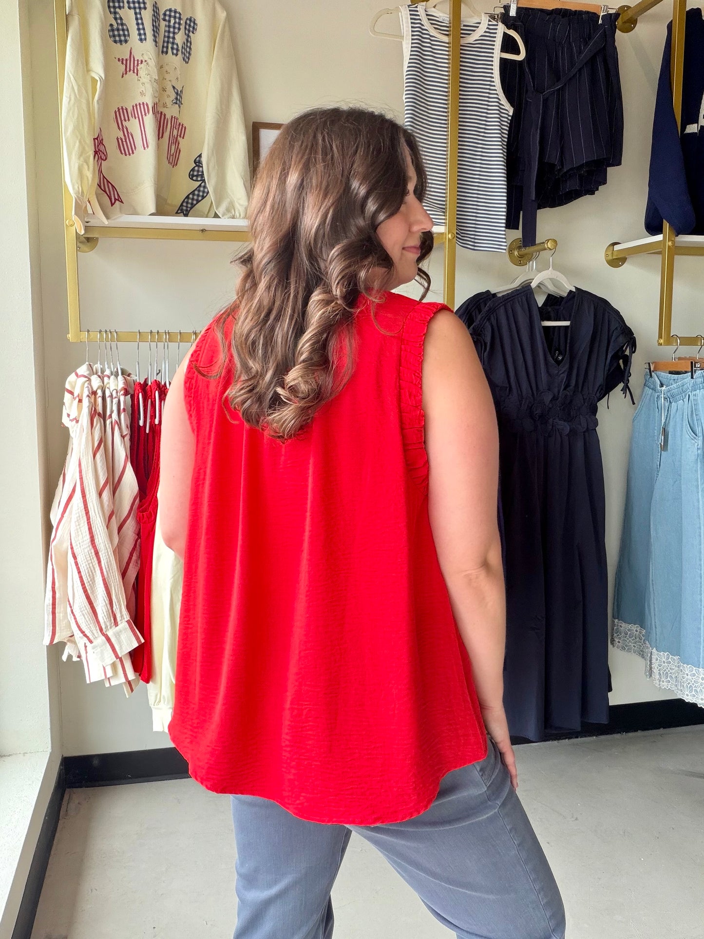 Vibrant Red Ruffle Neck Tank