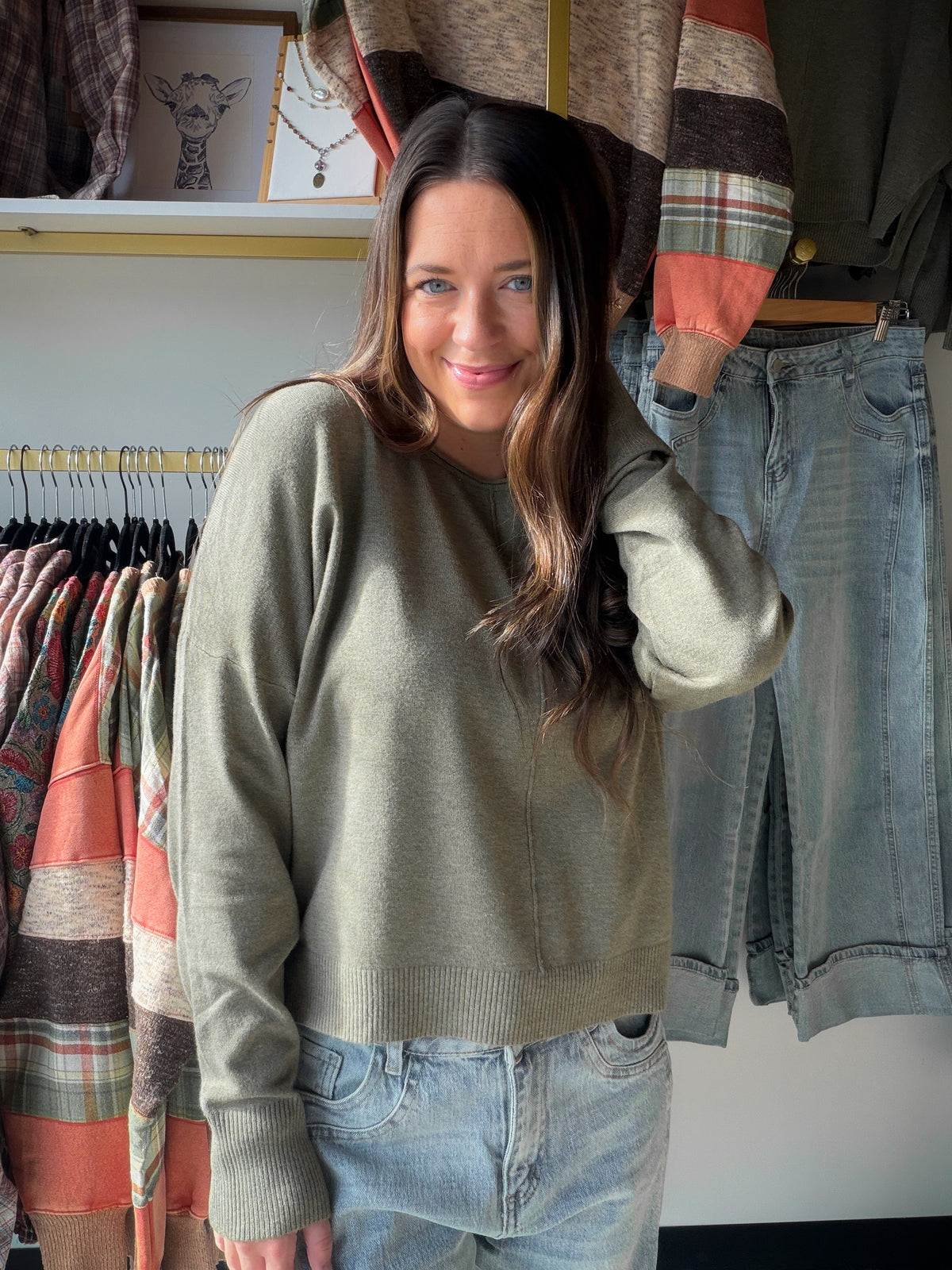 Heather Olive Round Neck Sweater