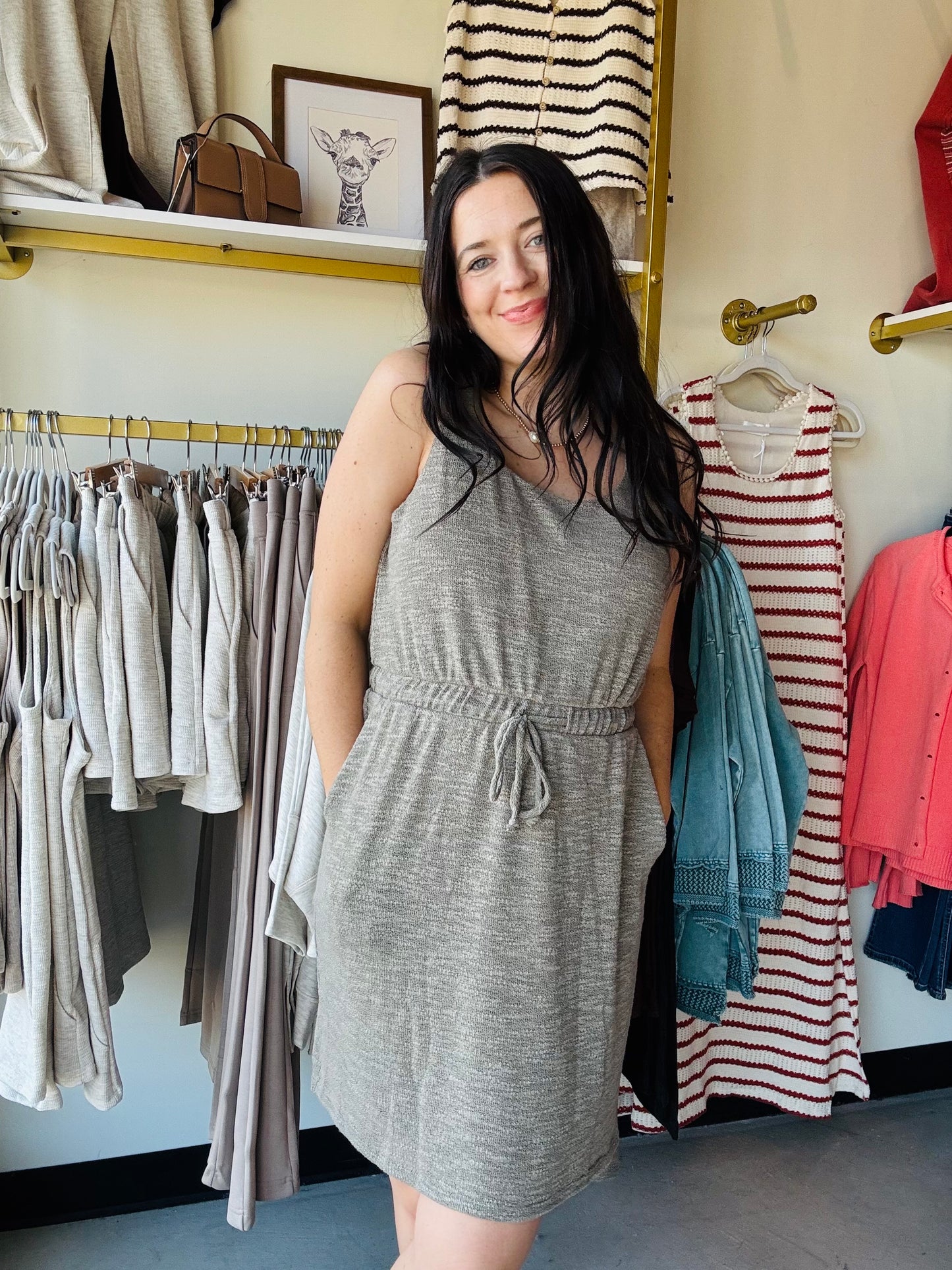 Dark Khaki Tie Waist Dress