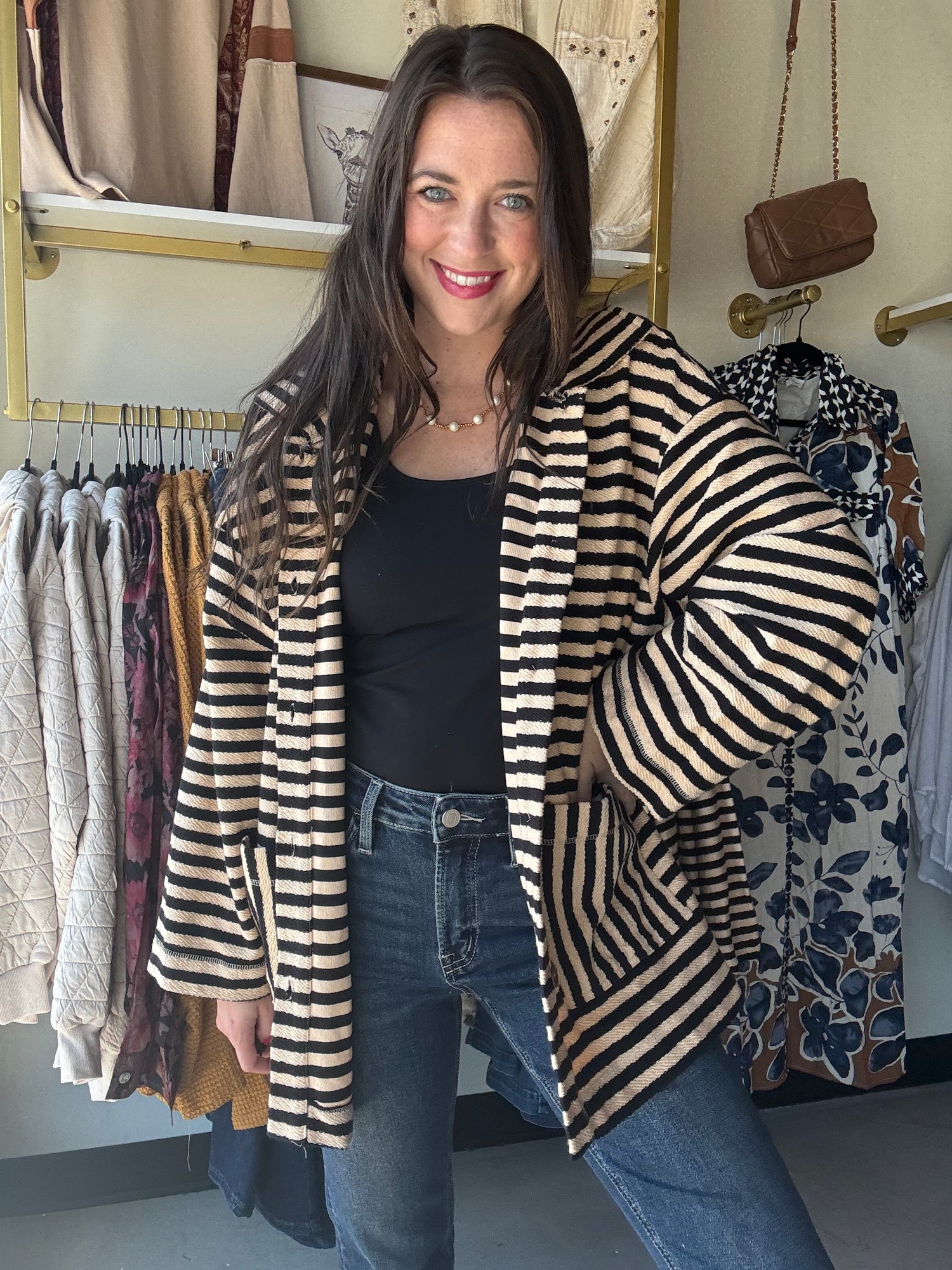 Black and white striped jacket cardigan with pockets