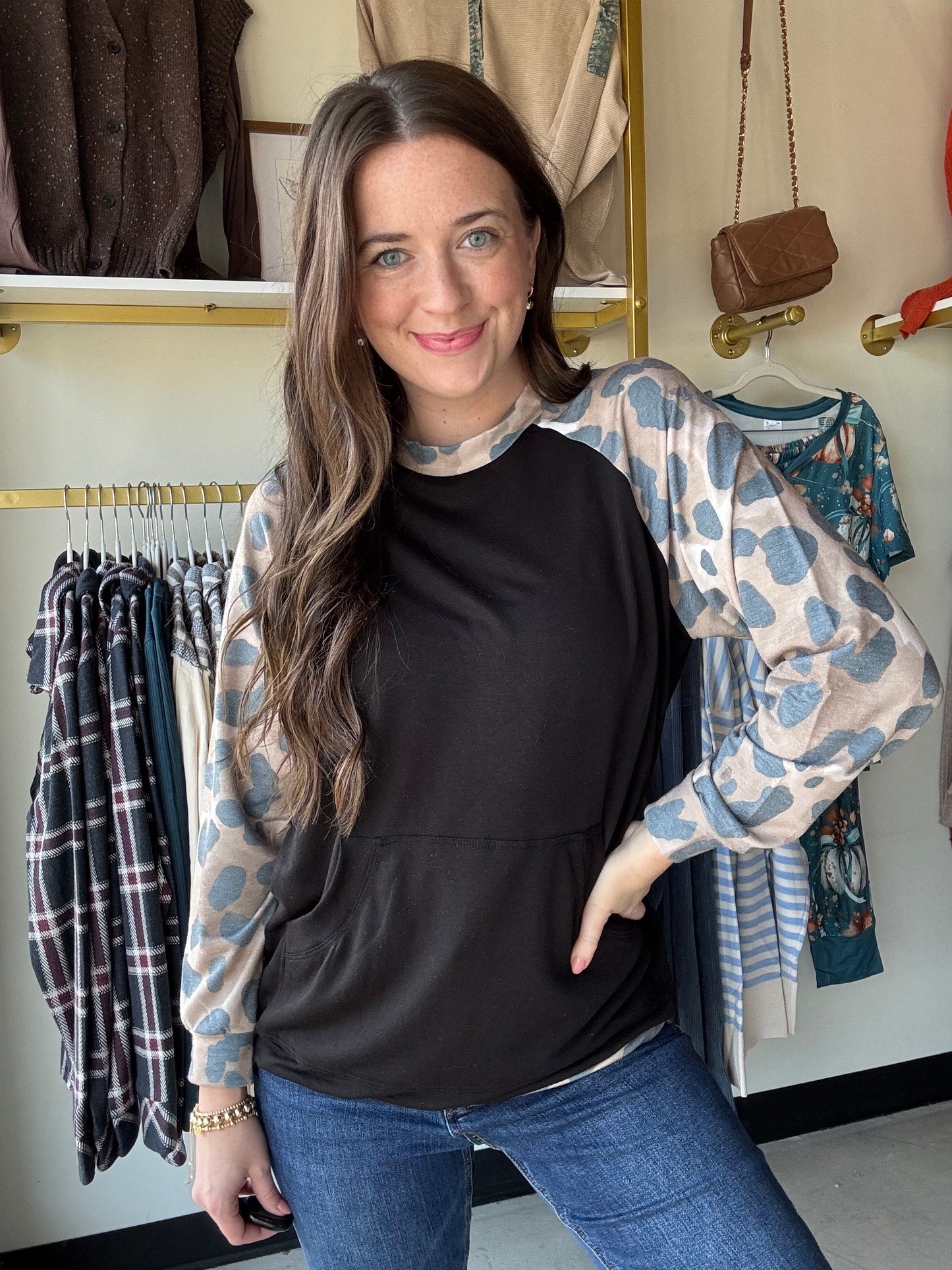 Leopard Sleeve Contrast Top