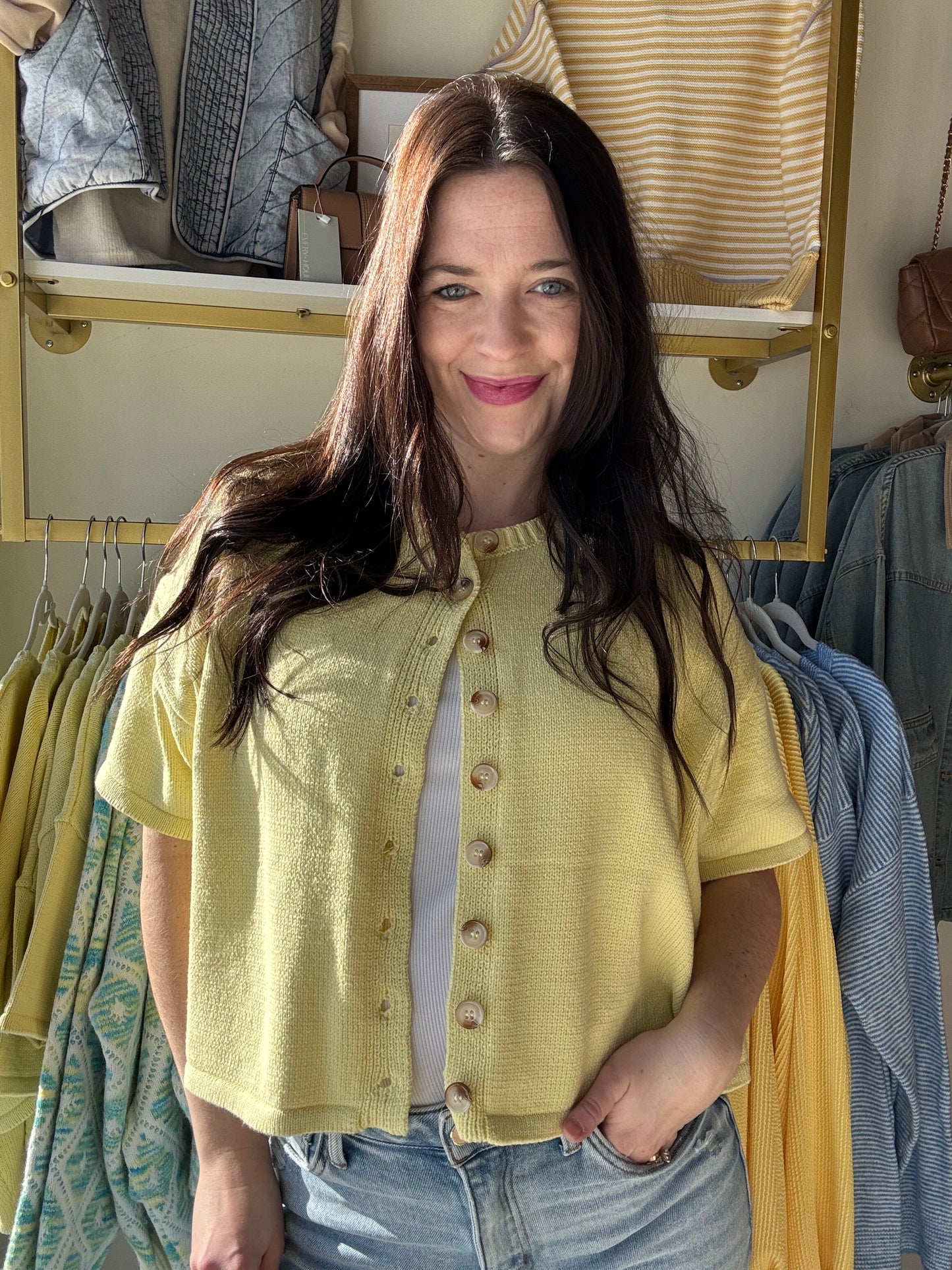 Lemon Button Up Half Sleeve Sweater