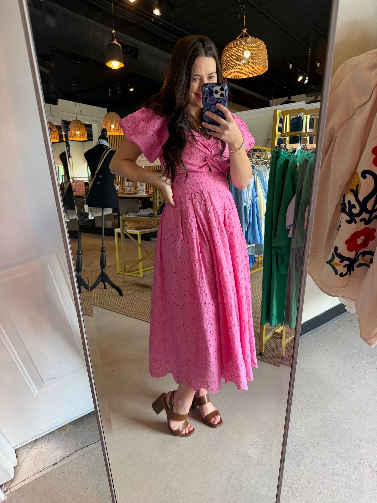 Pink Eyelet Puff Sleeve Dress