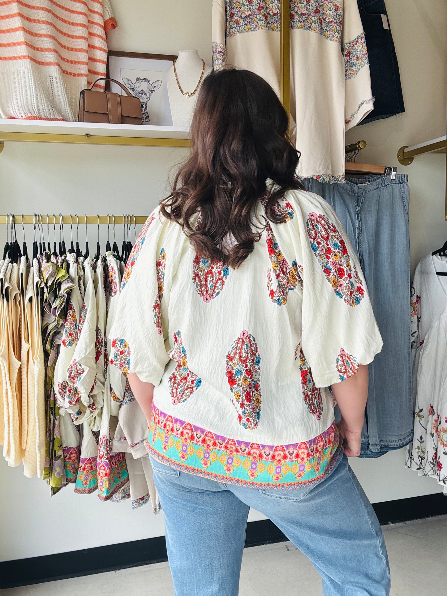 Ecru Paisley Border Trim Boho Top