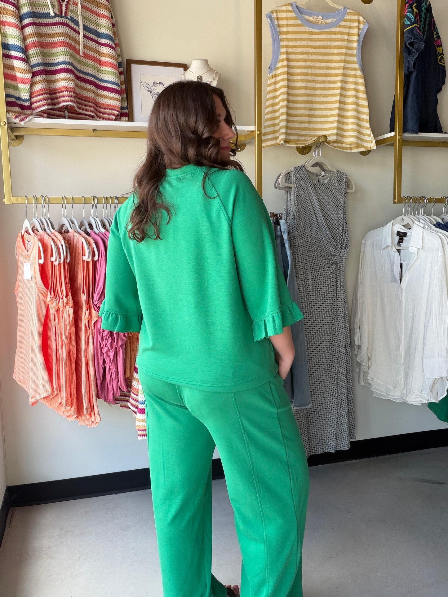 Green Luxeknit Ruffle Sleeve Top