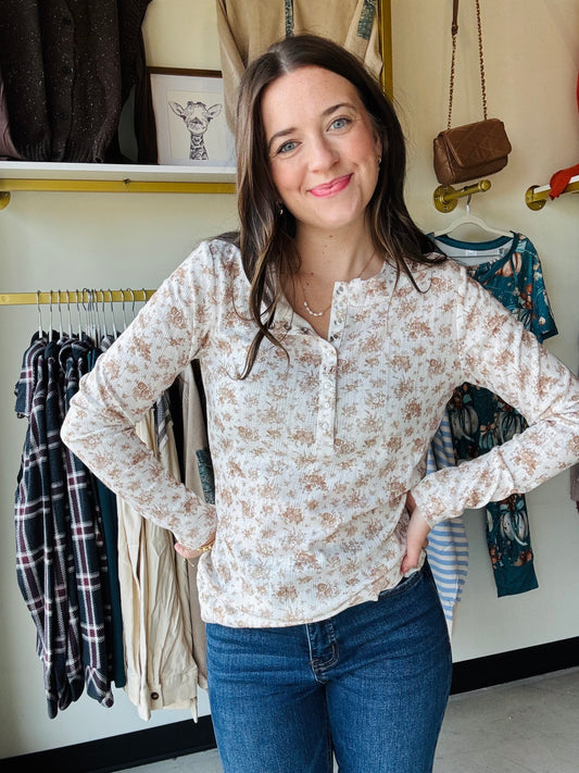 Tan Micro Floral Henley