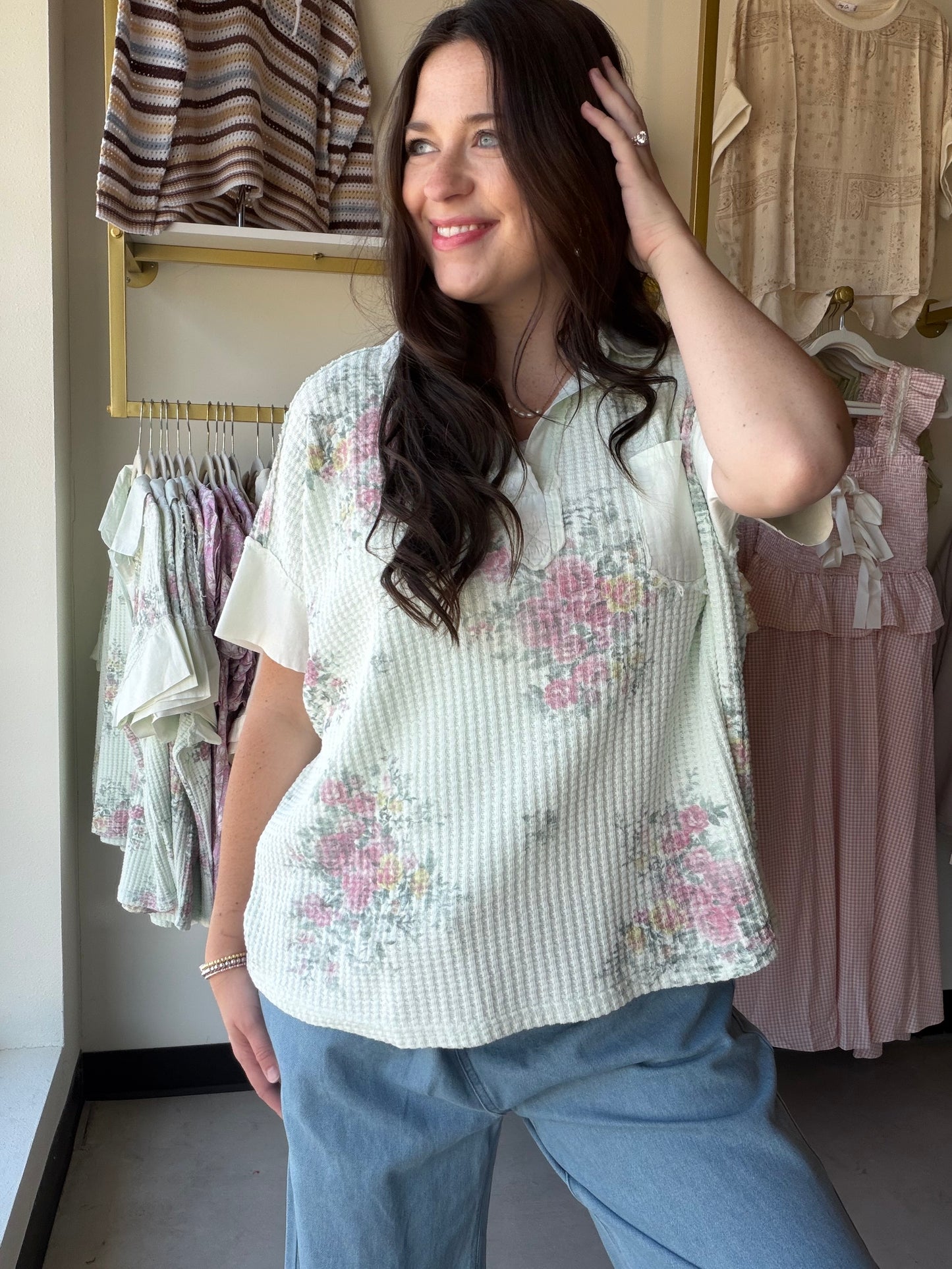 Mint Collared Floral Waffle Top