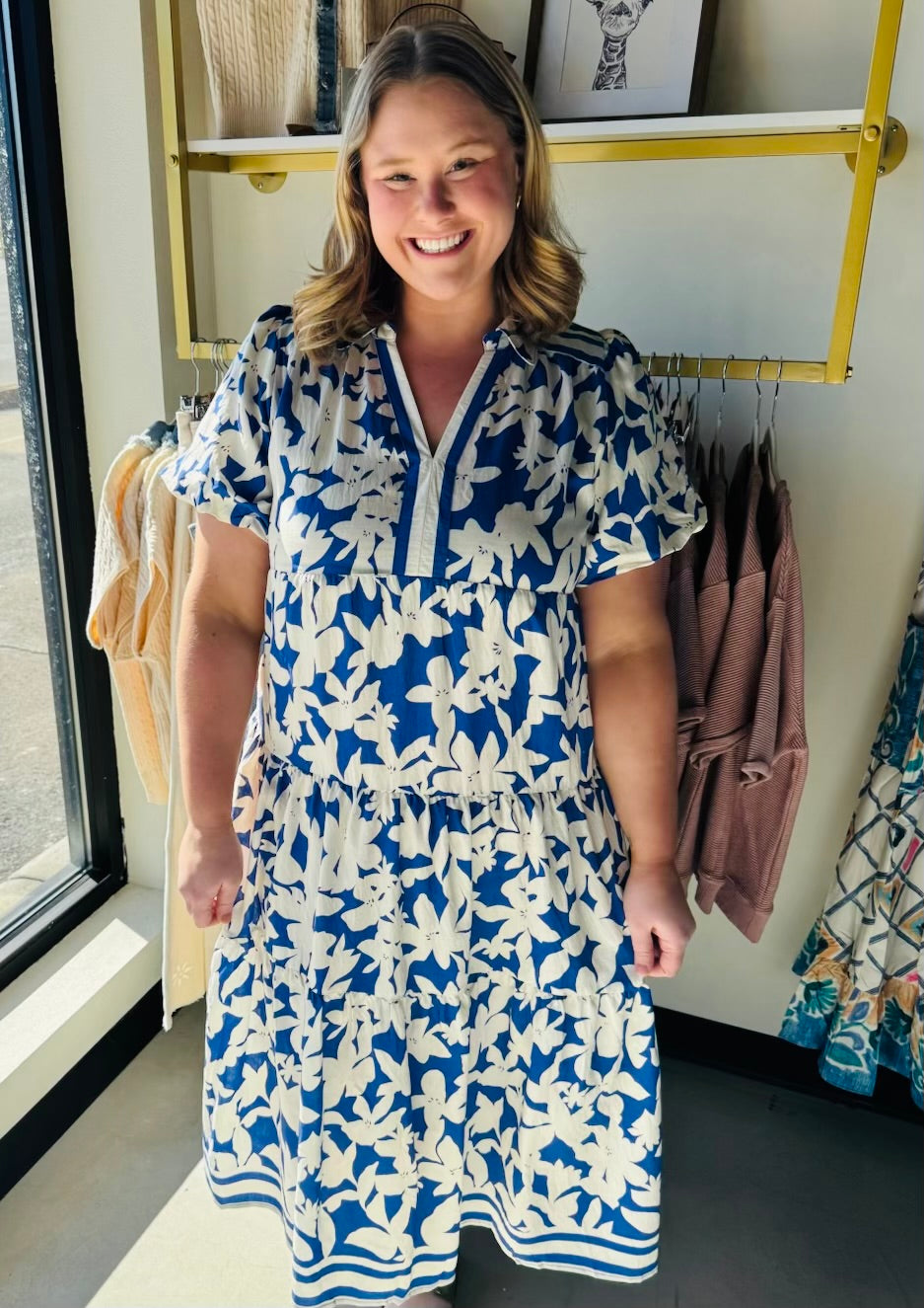 Blue Botanical Print Dress - Plus