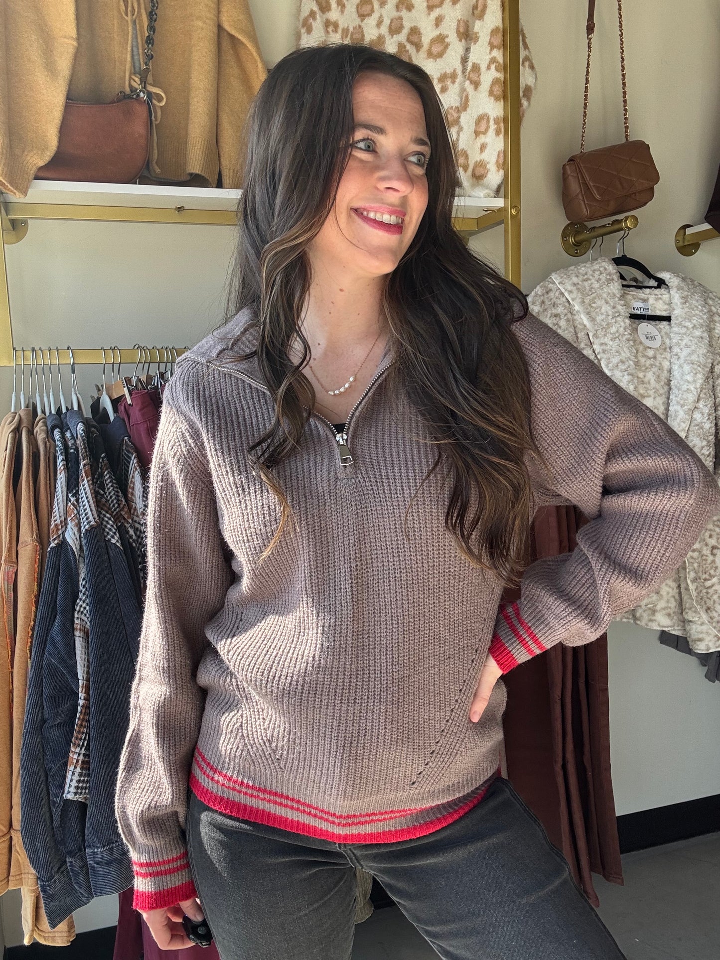 Red Accent Zip Up Pullover