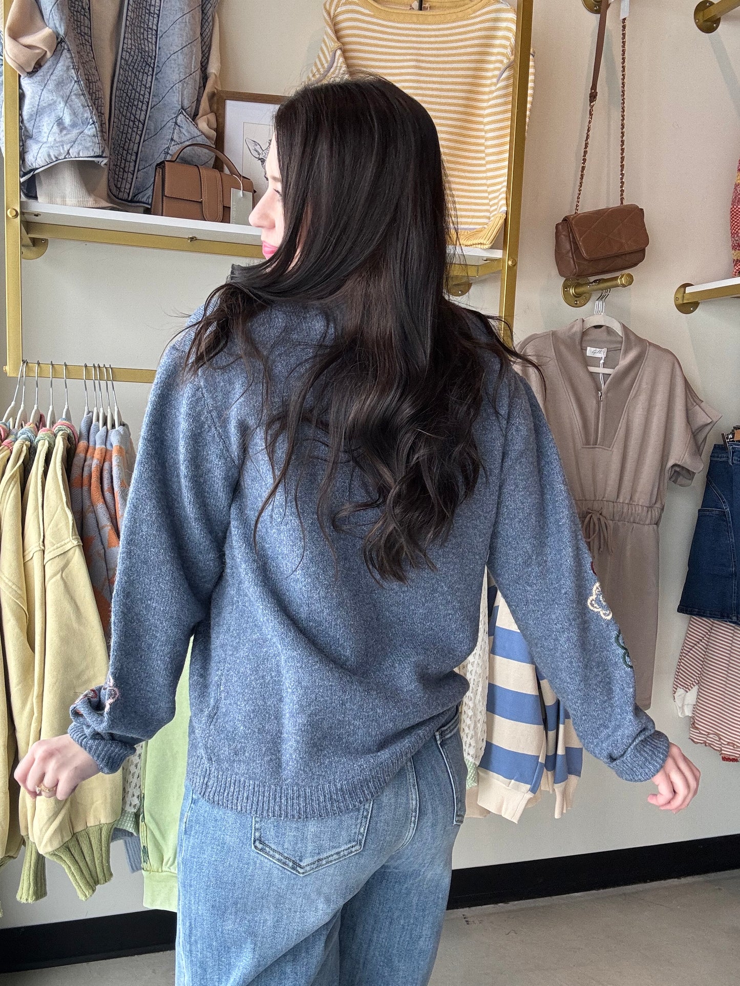 Navy Floral Embroidery Sweater