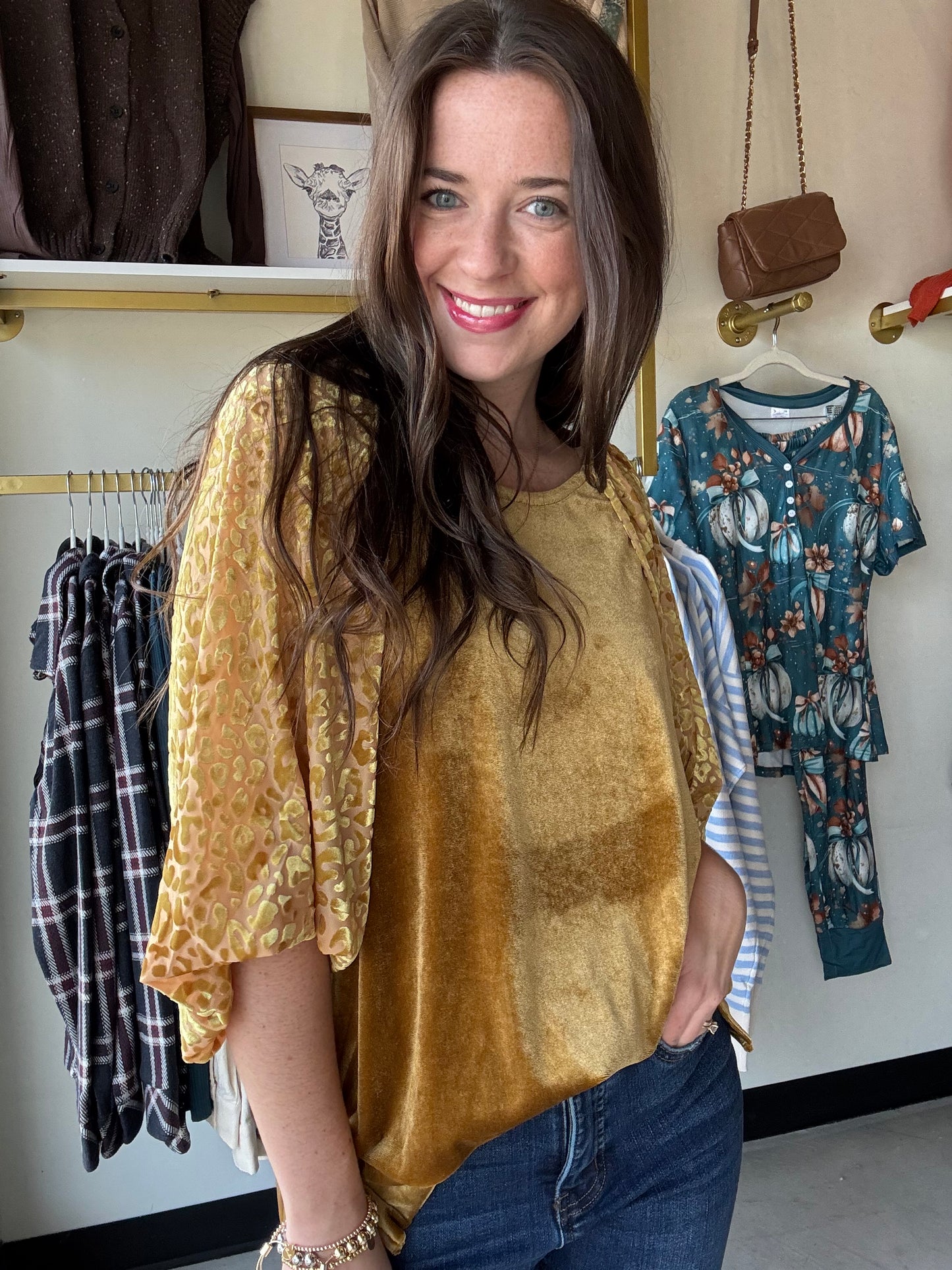 Golden Velvet Balloon Sleeve Top