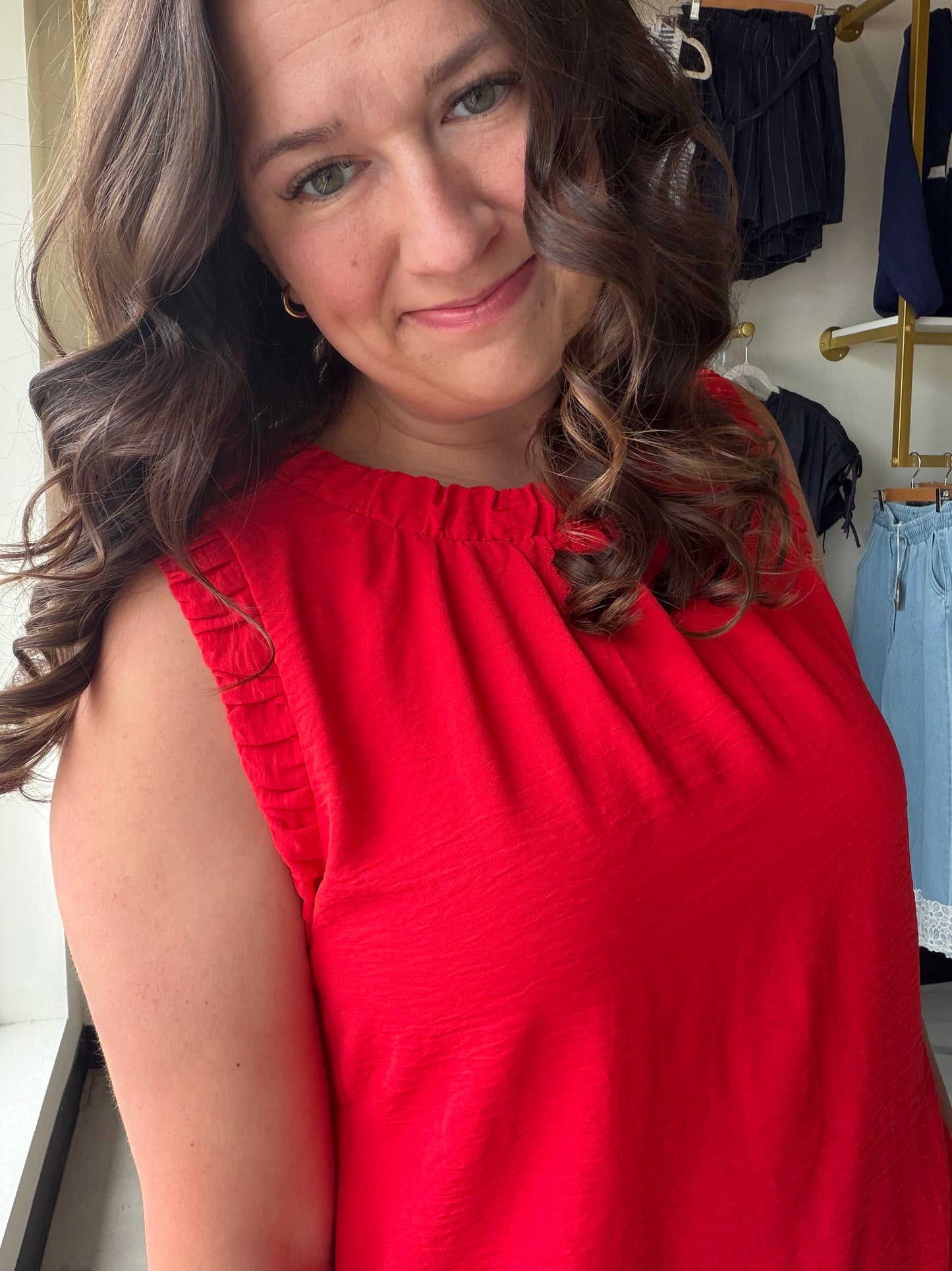 Vibrant Red Ruffle Neck Tank