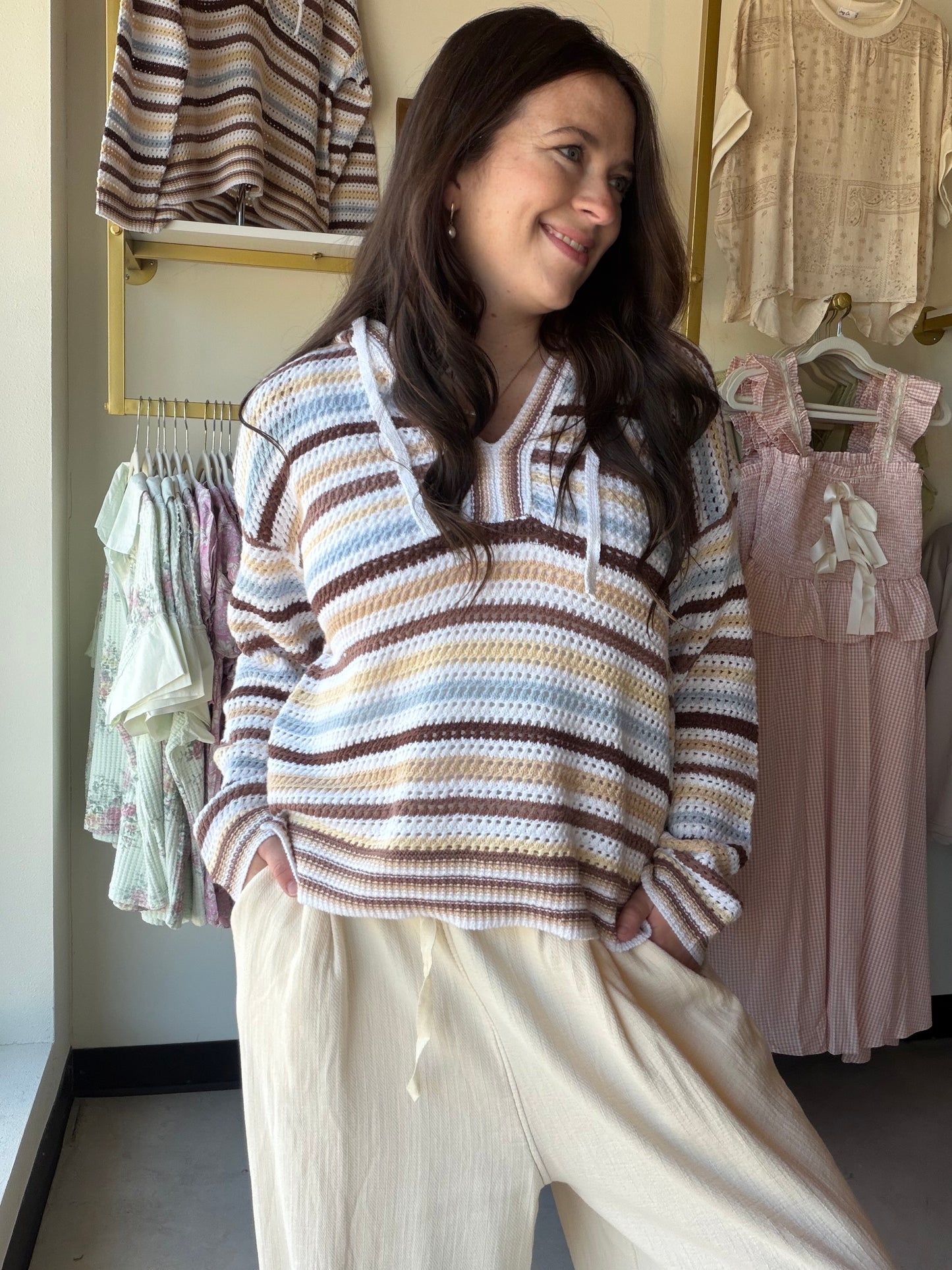 Brown Stripe Crochet Sweater Hoodie