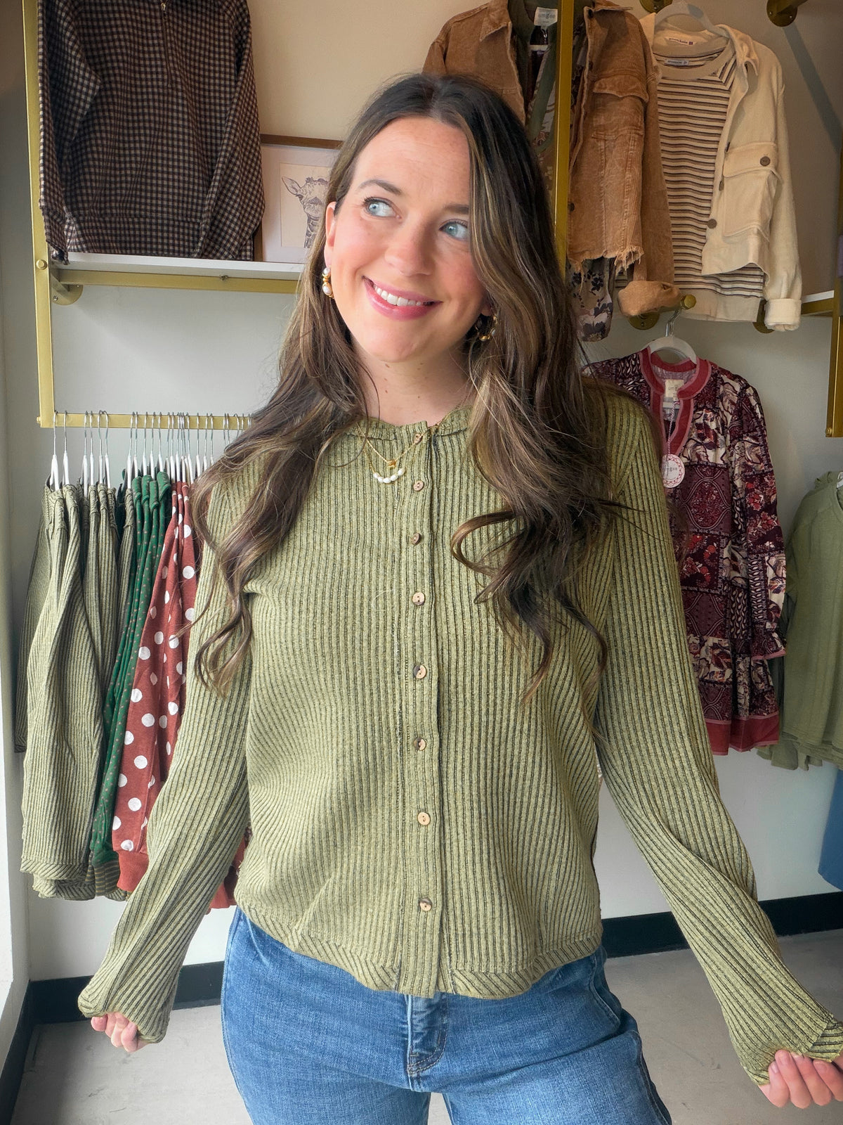 Olive Button Up Ribbed Top