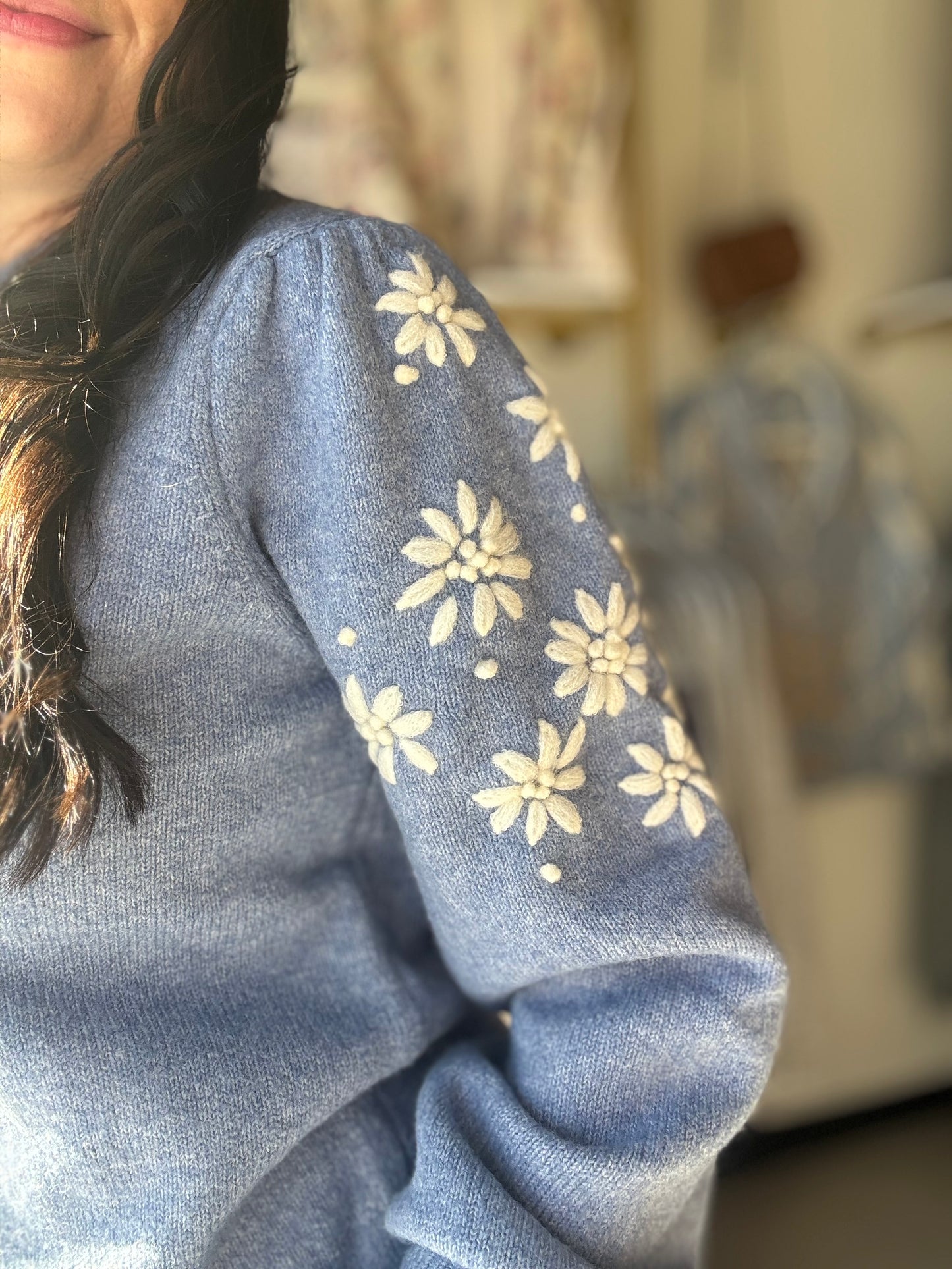 Frost Blue Floral Embellished Sweater
