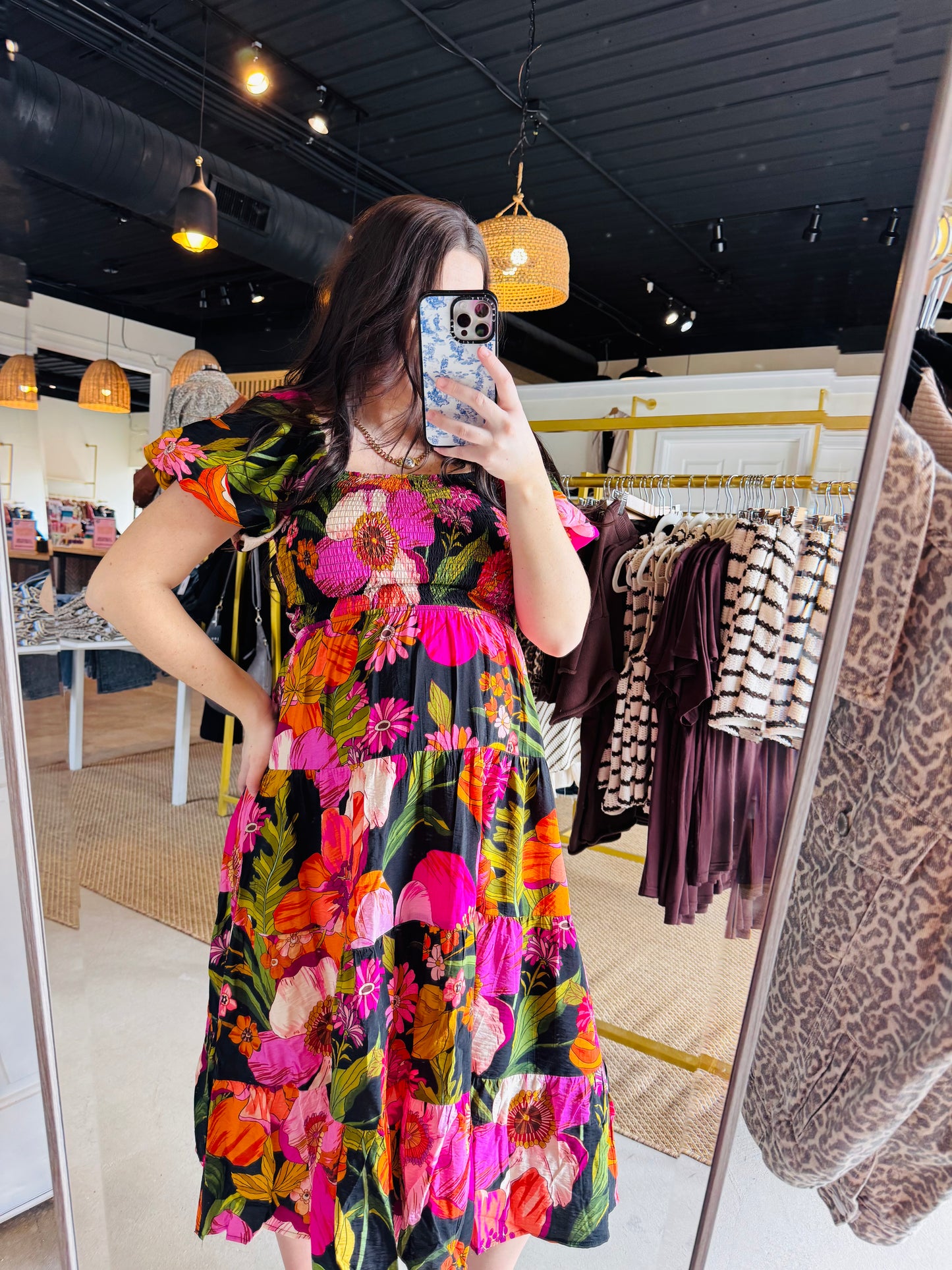 Midnight Bloom Smocked Midi Dress